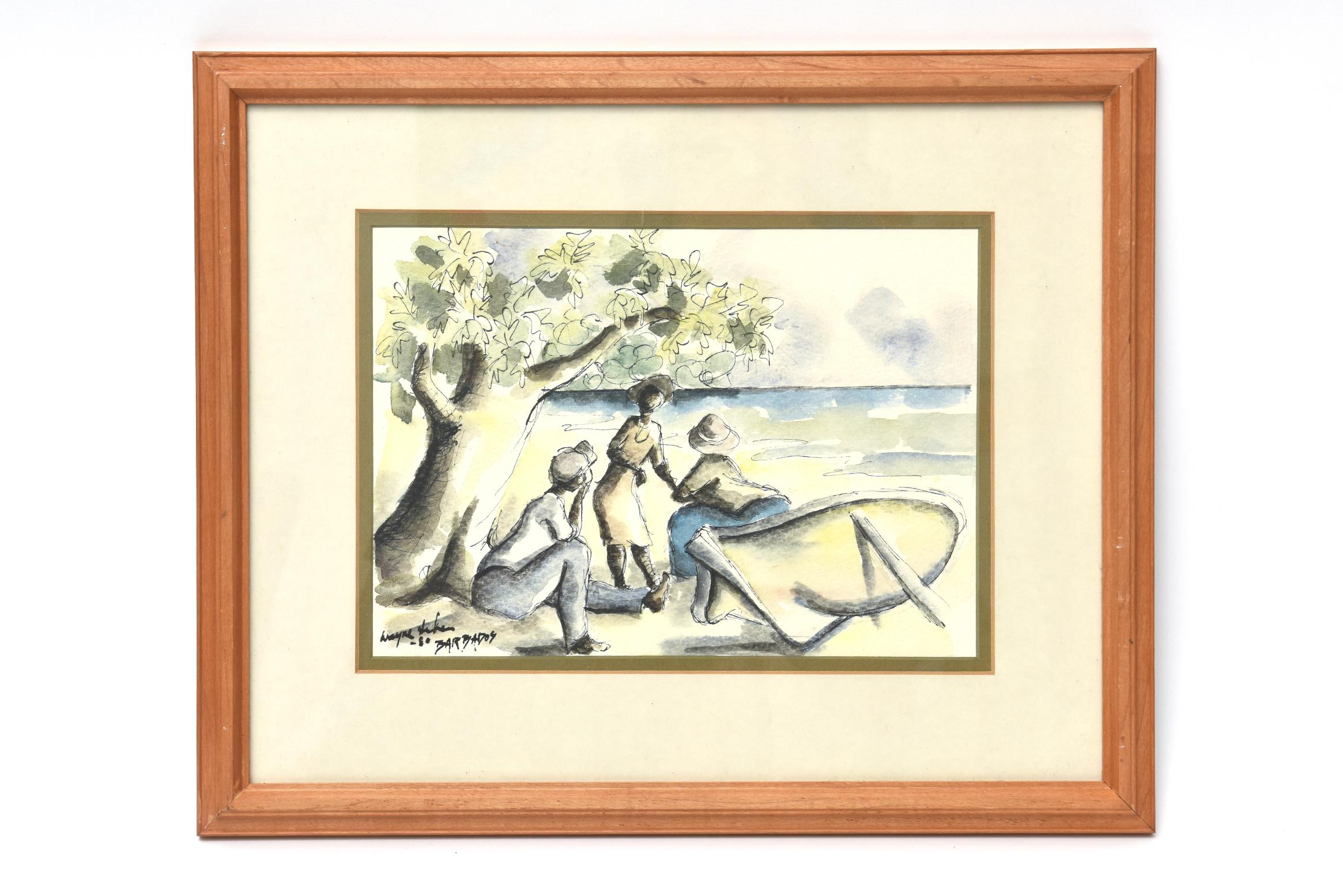 These are a pair of signed vintage tropical landscape original one of a kind watercolor and ink drawings on paper that were purchased from a NYC auction house. They are from the Barbadian school and are titled Barbados with year of 1960 or 1980. The
