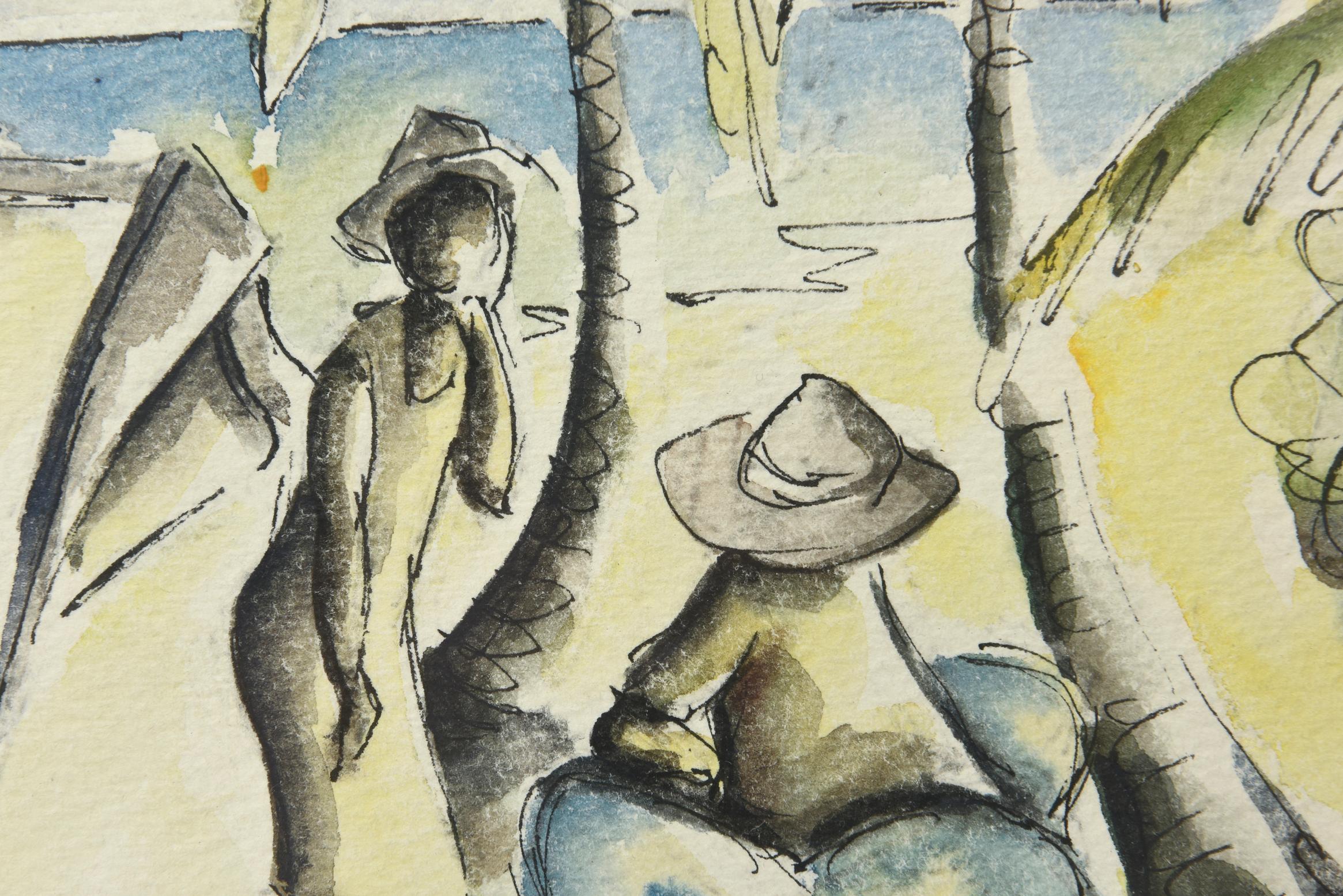Bajan Pair of Watercolor and Ink Seaside Tropical Landscape Drawings Signed