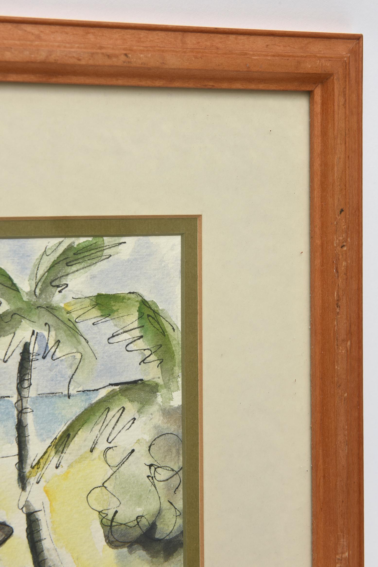 Mid-20th Century Pair of Watercolor and Ink Seaside Tropical Landscape Drawings Signed