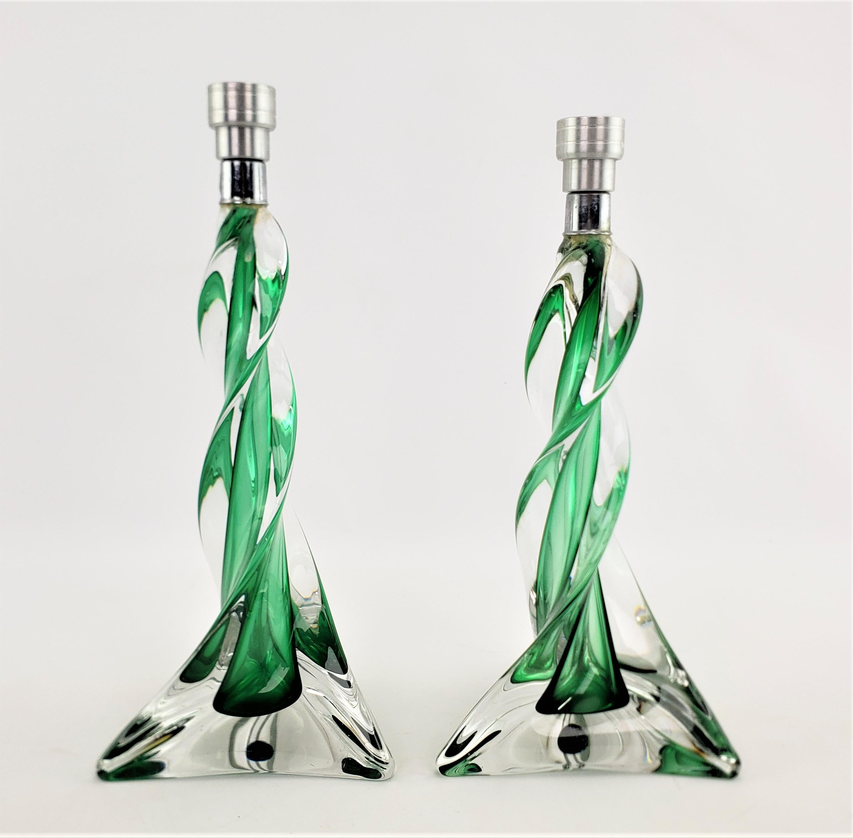 Mid-Century Modern Pair of Signed St. Louis Crystal Sculptural Green & Clear Candlesticks For Sale