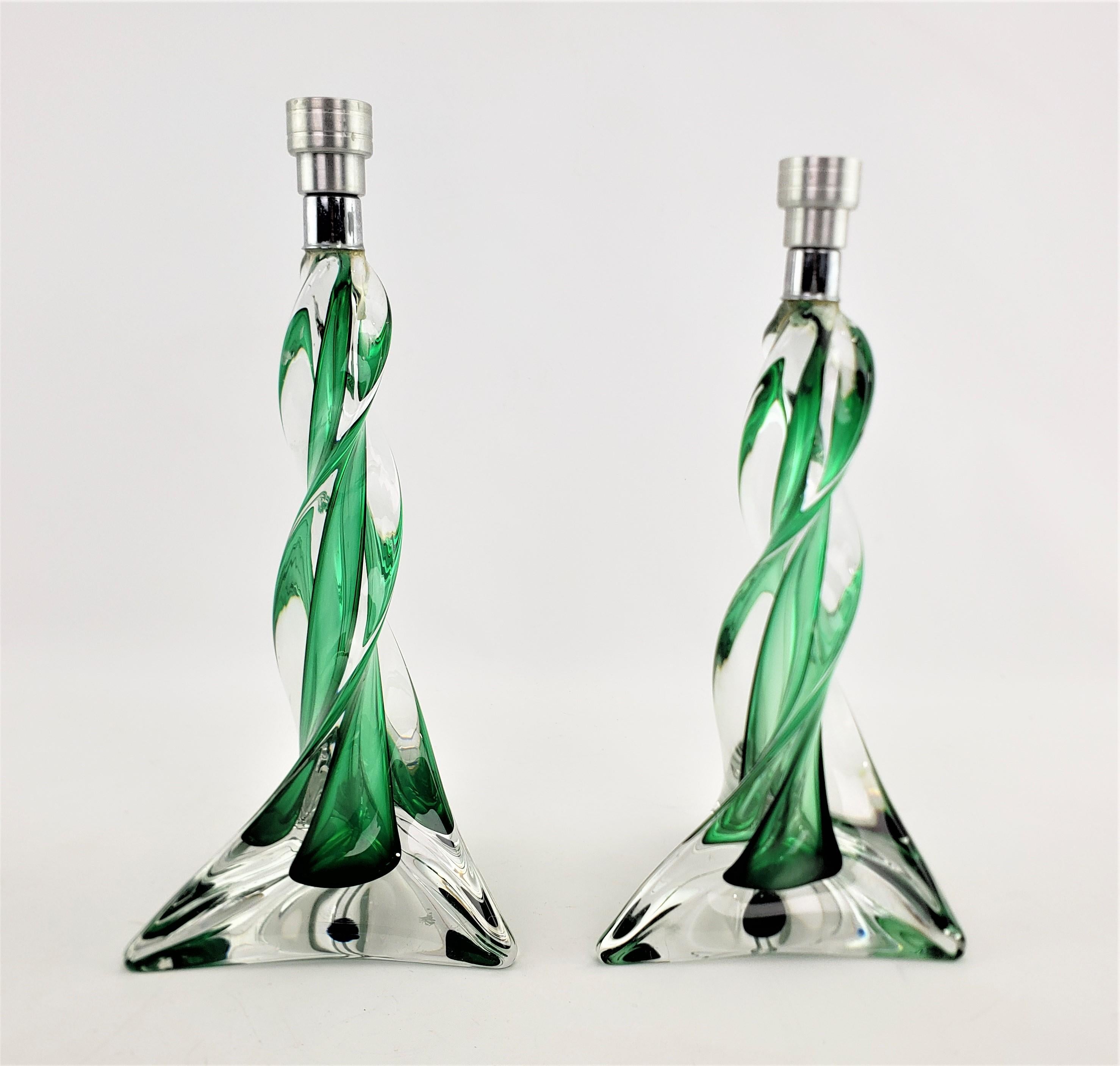 French Pair of Signed St. Louis Crystal Sculptural Green & Clear Candlesticks For Sale