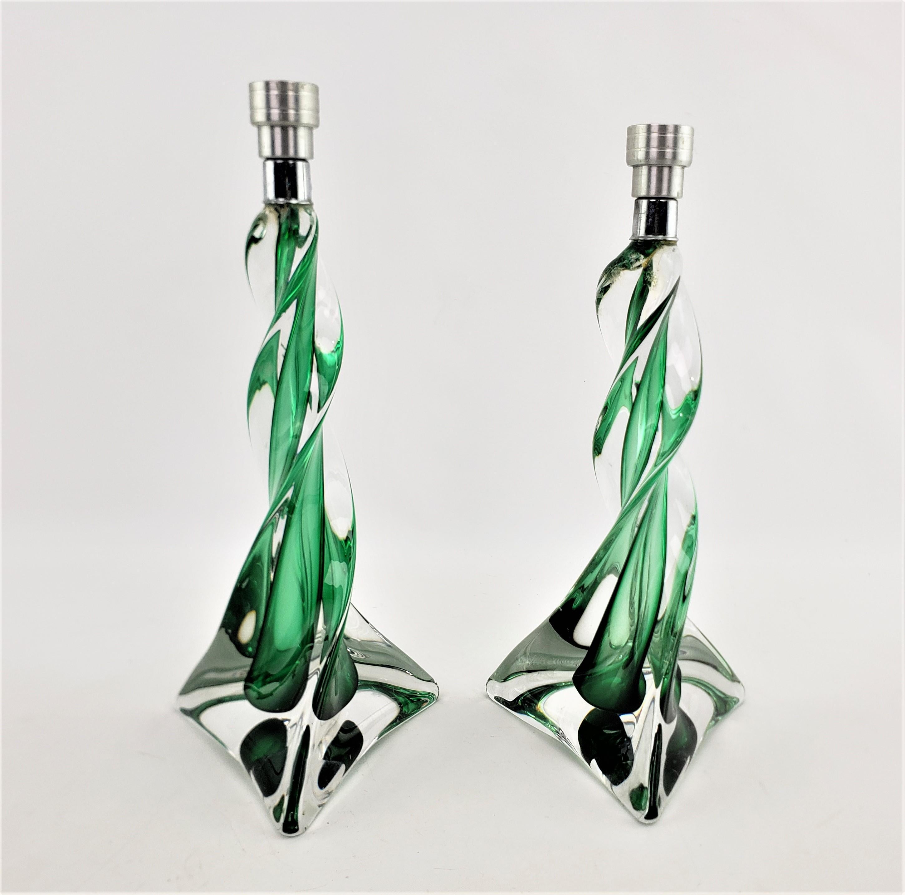 Hand-Crafted Pair of Signed St. Louis Crystal Sculptural Green & Clear Candlesticks For Sale