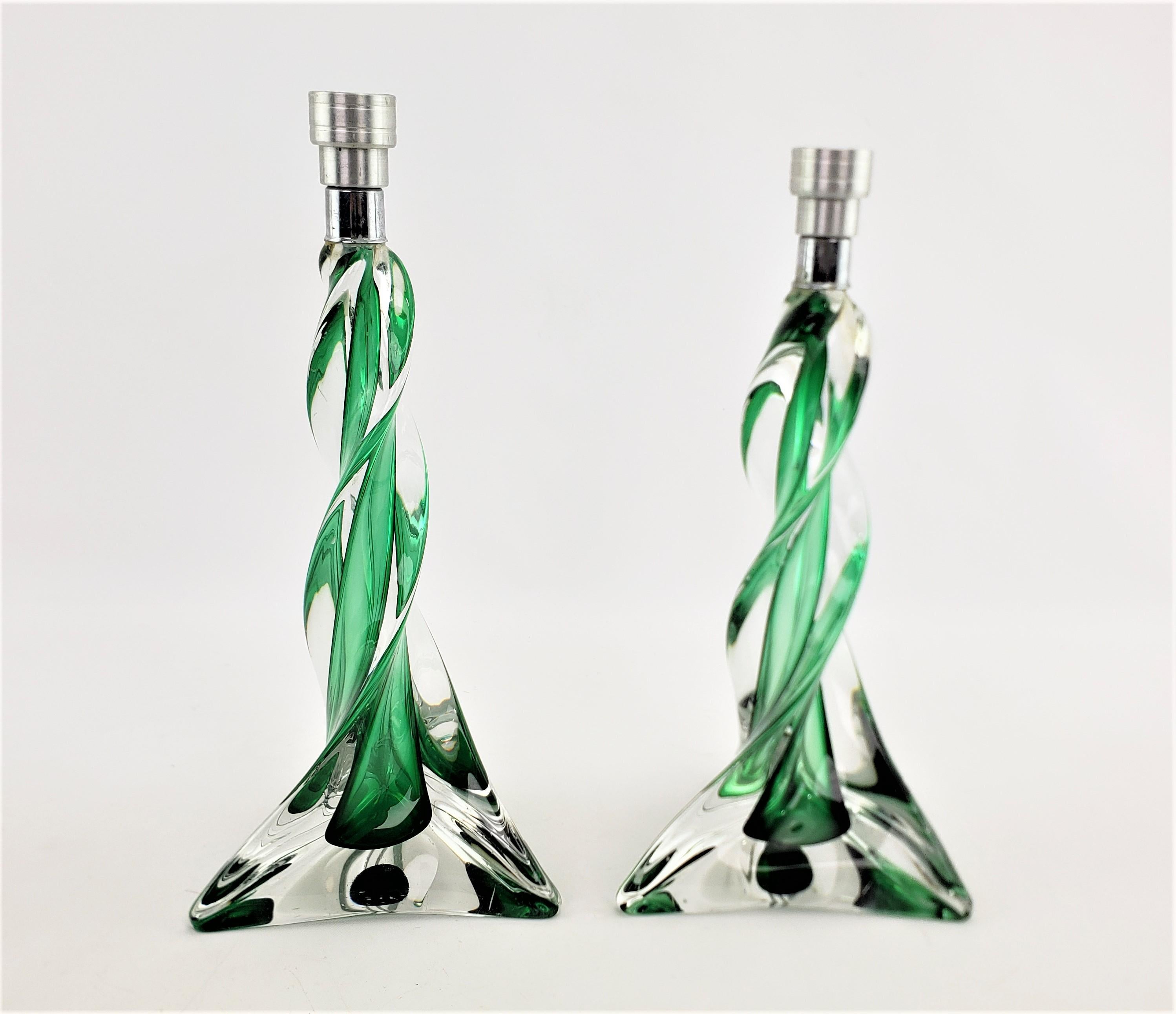 Pair of Signed St. Louis Crystal Sculptural Green & Clear Candlesticks In Good Condition For Sale In Hamilton, Ontario