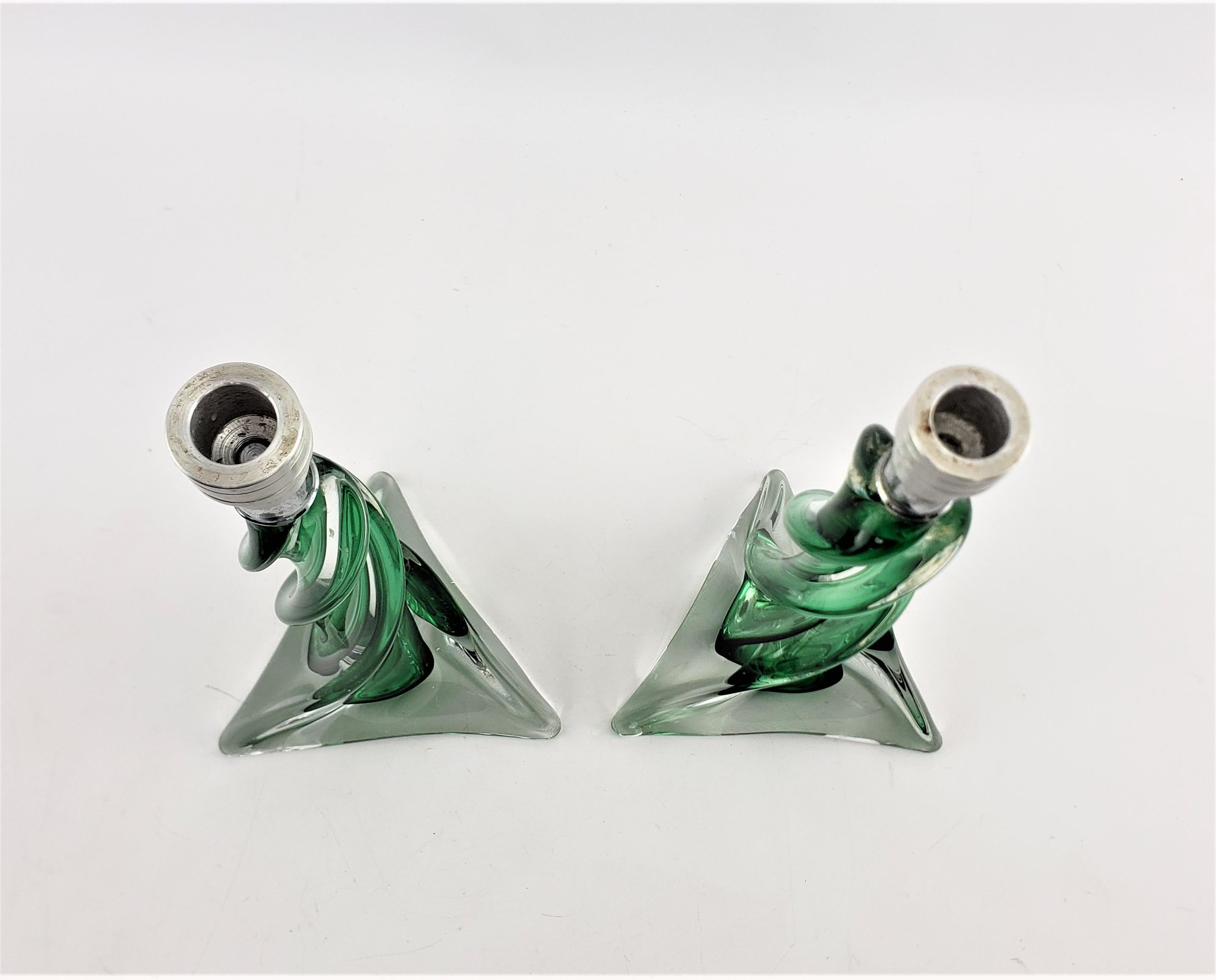 20th Century Pair of Signed St. Louis Crystal Sculptural Green & Clear Candlesticks For Sale