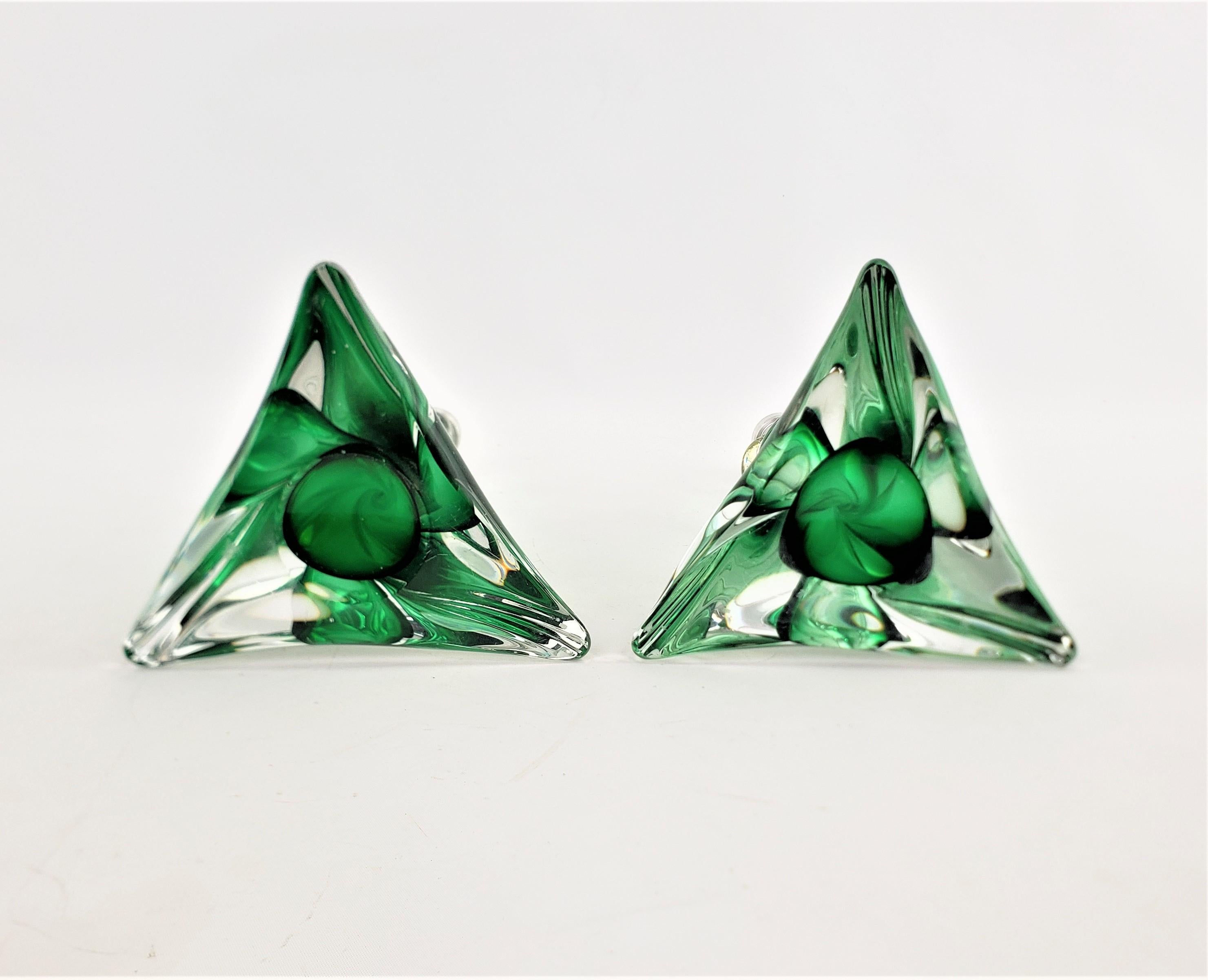 Pair of Signed St. Louis Crystal Sculptural Green & Clear Candlesticks For Sale 1