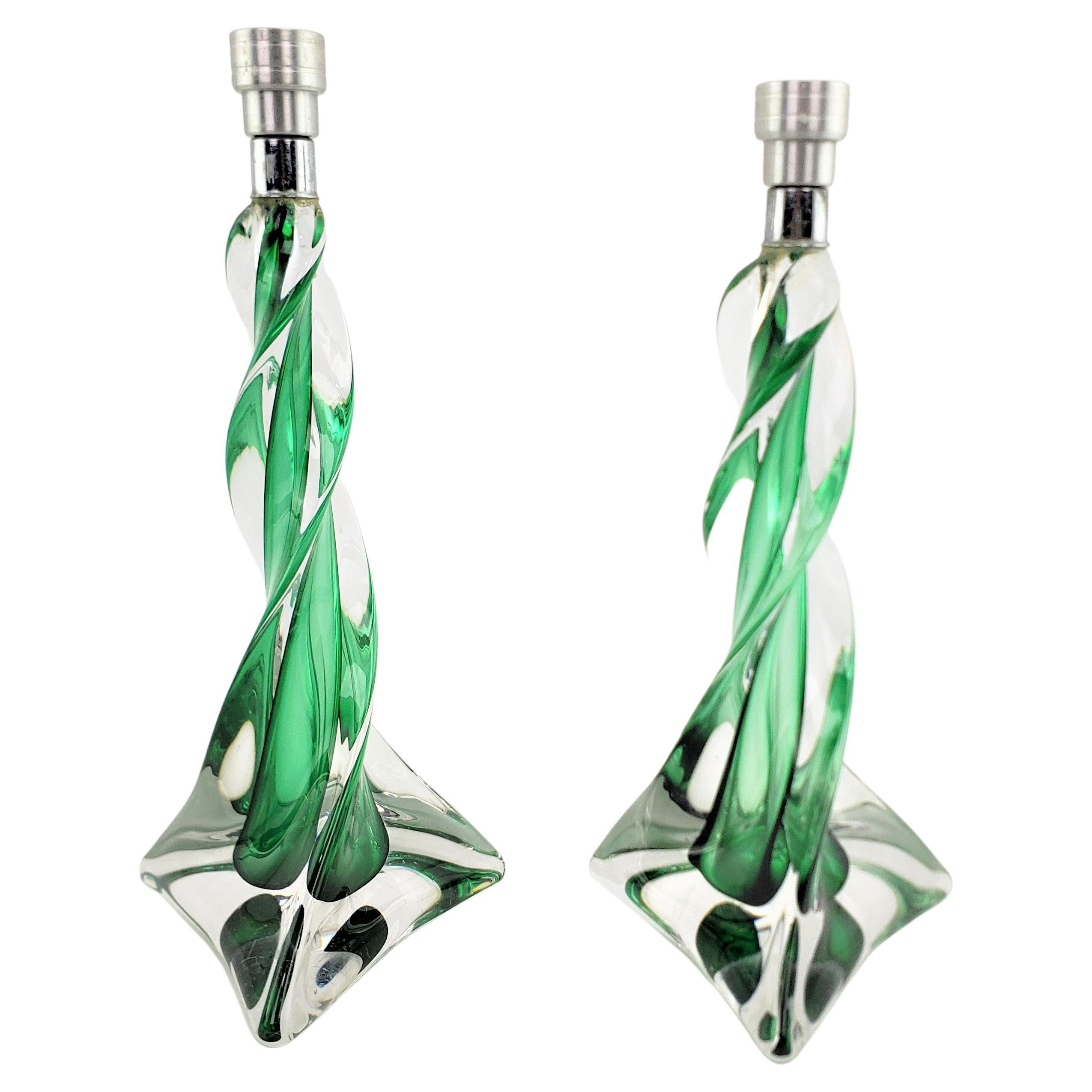 Pair of Signed St. Louis Crystal Sculptural Green & Clear Candlesticks For Sale