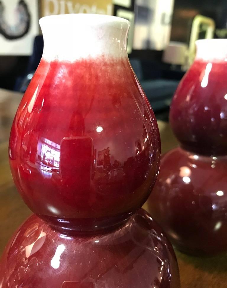 Glazed Pair of Signed Stamped Chinese Oxblood Double Gourd Vases