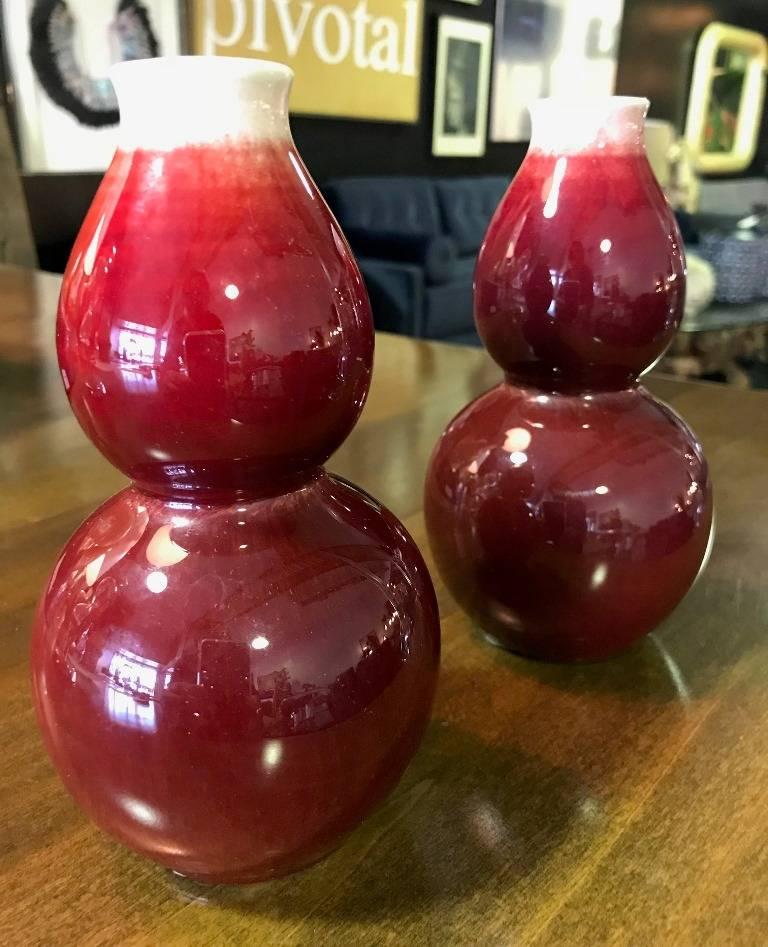 20th Century Pair of Signed Stamped Chinese Oxblood Double Gourd Vases