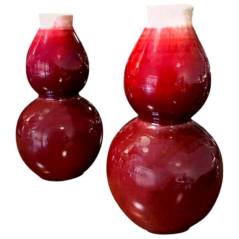 Pair of Signed Stamped Chinese Oxblood Double Gourd Vases