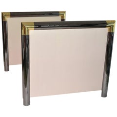 Pair of Signed Steel Brass and Leather Headboards by Karl Springer, USA 1980s