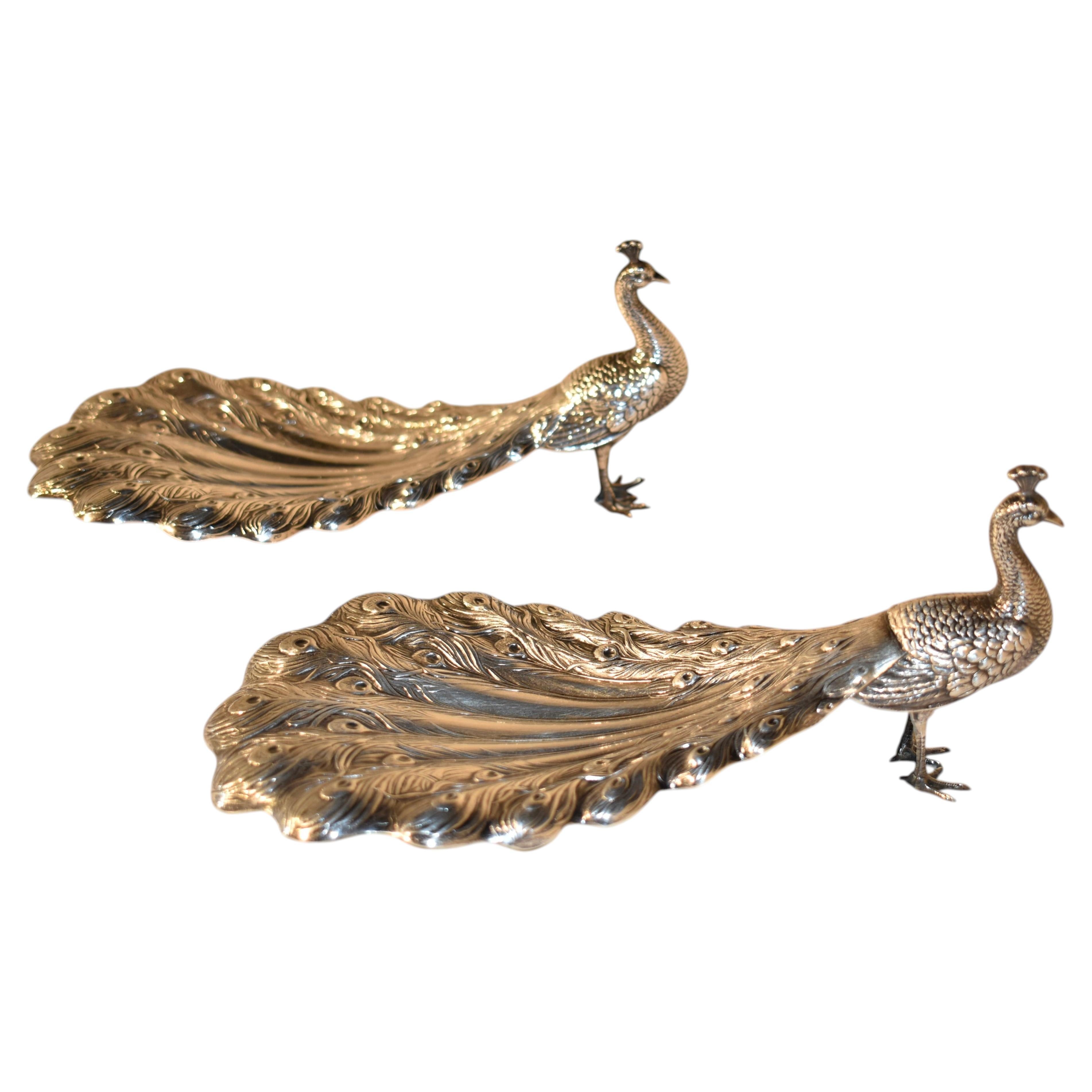 Pair of Signed Sterling Silver Peacock Dishes from Gorham, Circa 1920