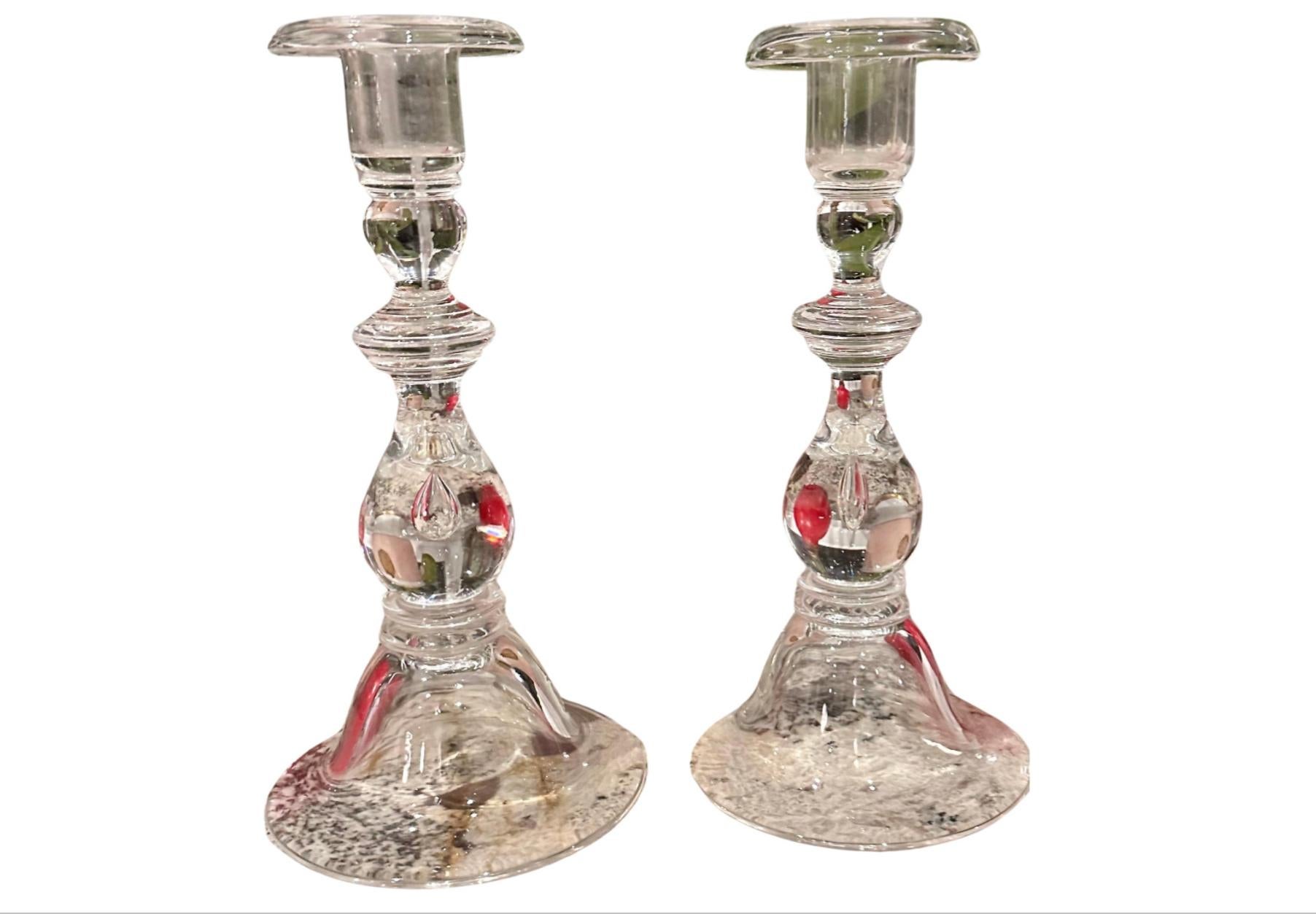 Mid-Century Modern Pair of Signed Steuben Mid Century Modern Crystal Candlesticks For Sale