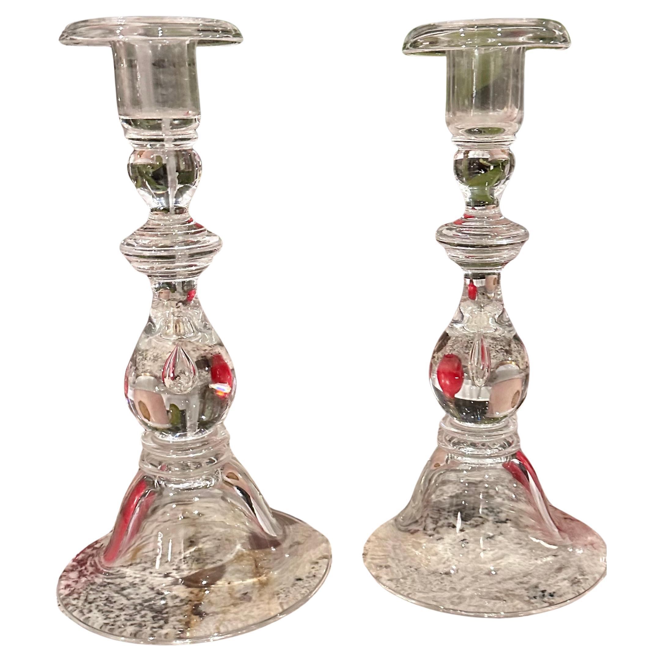 Pair of Signed Steuben Mid Century Modern Crystal Candlesticks