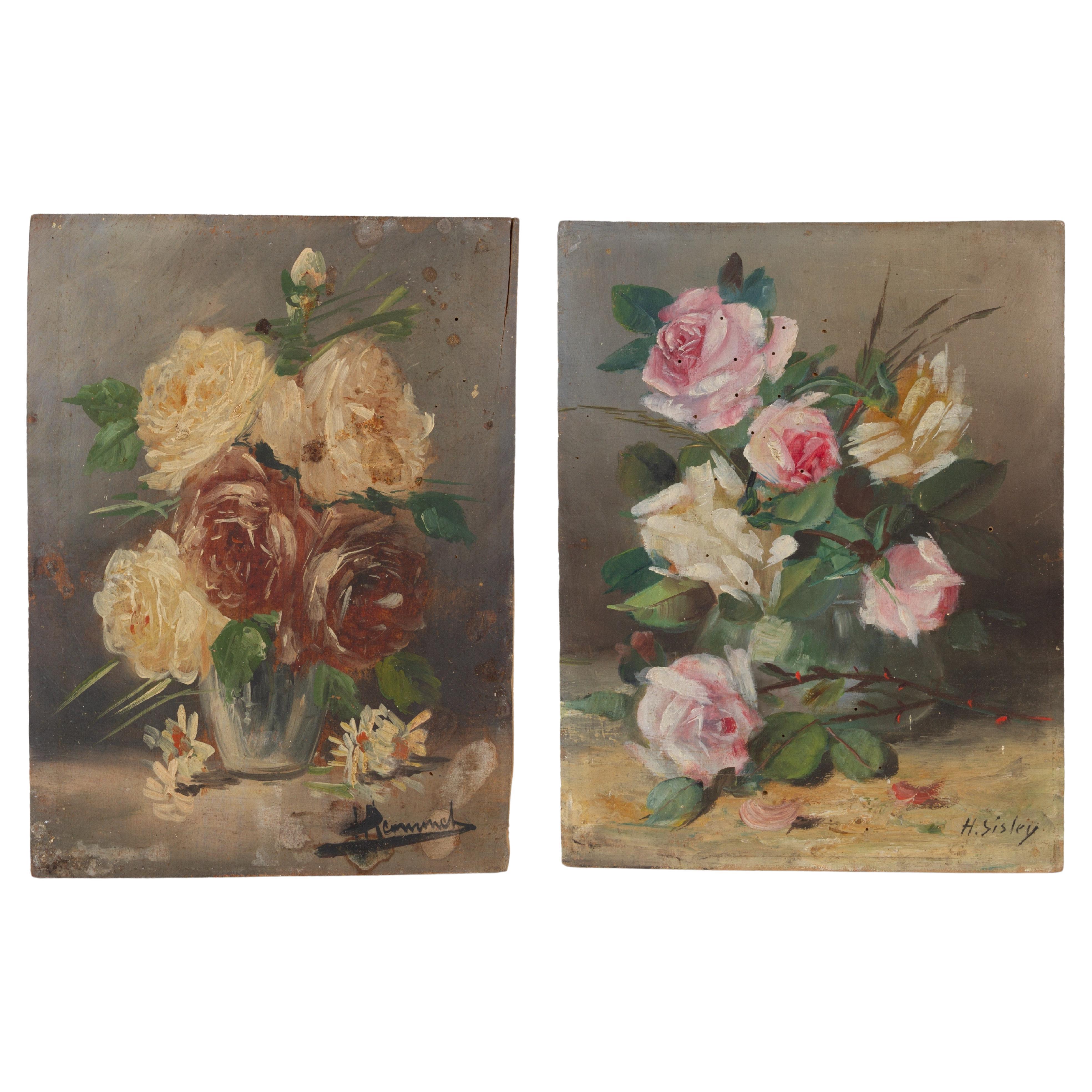 Pair of Signed Still Life Flowers on Panel Early 20th Century