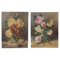 Antique Pair of Signed Still Life Flowers on Panel Early 20th Century