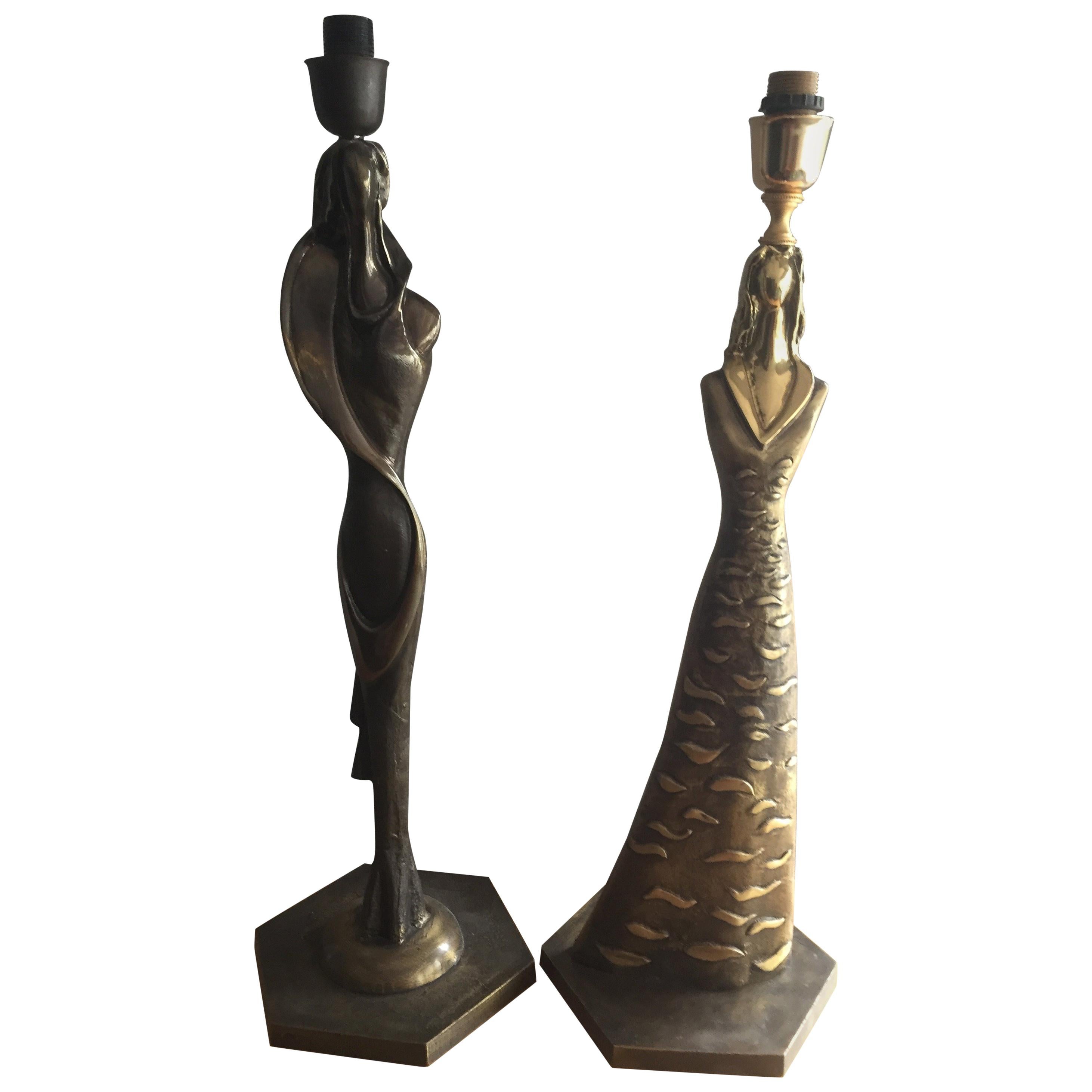 Pair of Signed Table Lamps by Giuliano Ottaviani Bronze Sculptures For Sale