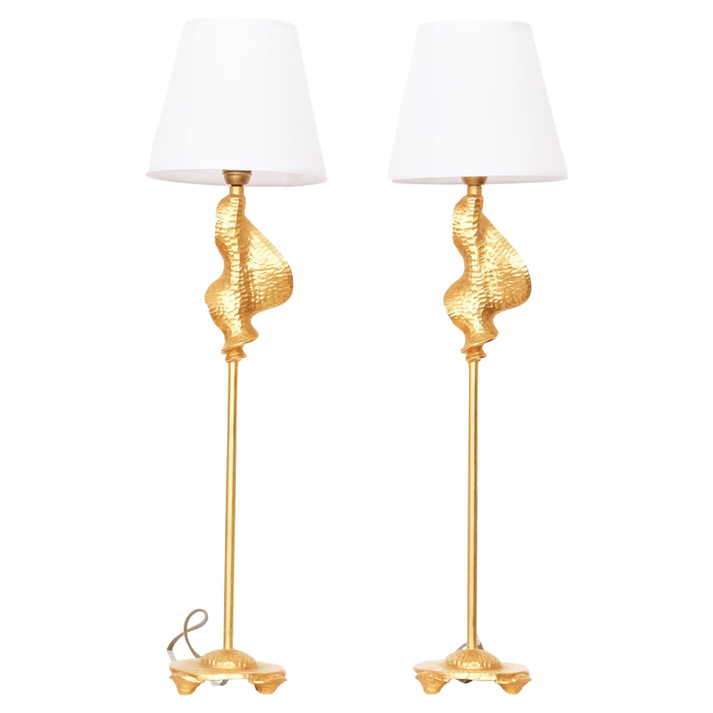Pair of Signed Table Lamps in Gilded Bronze by Nicolas De Waël for Fondica, 2000 For Sale