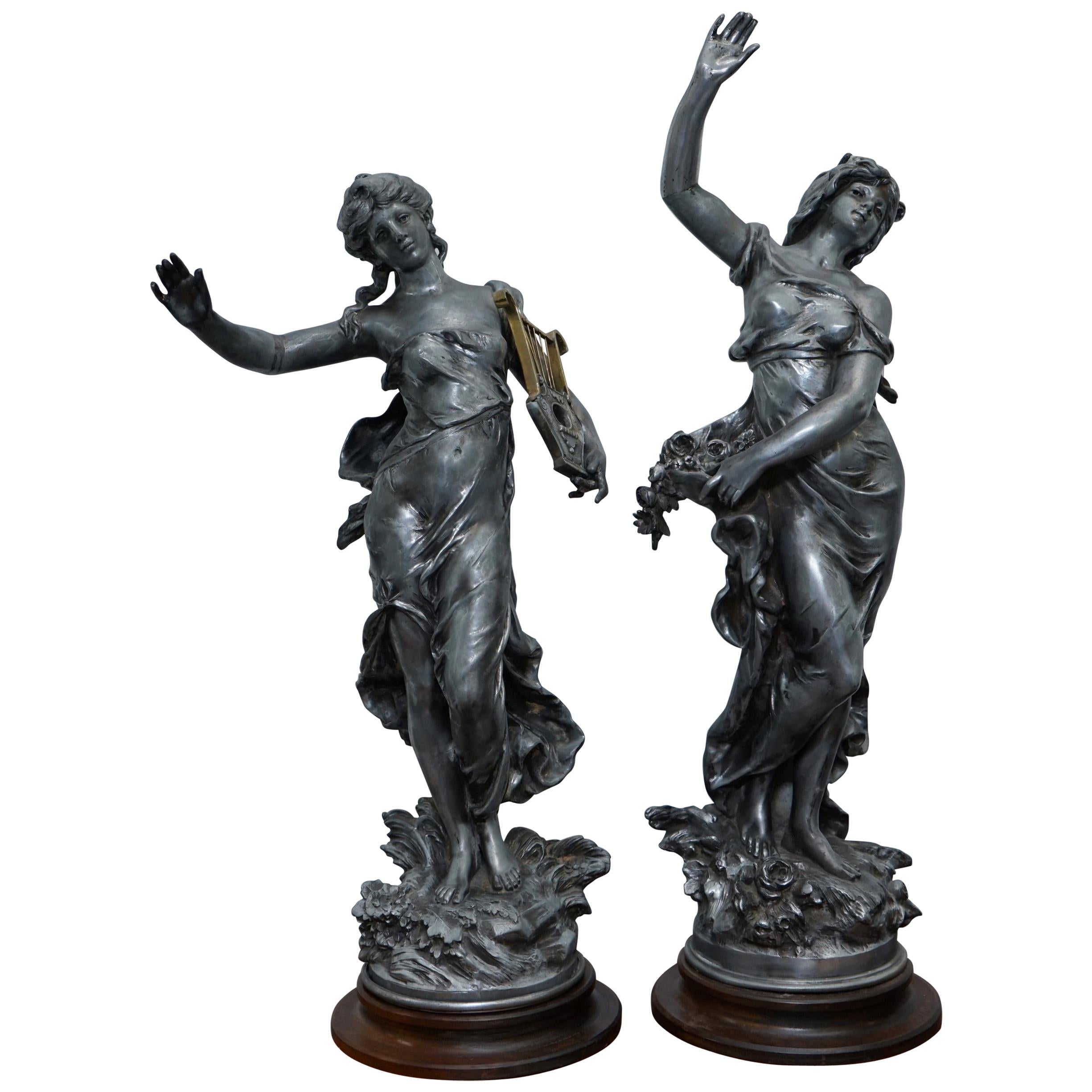 Pair of Signed Tall French Silver Plated Maiden Statues French Neoclassical