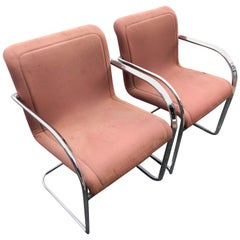 Pair of Signed Thonet Cantilever Lounge Chairs in Chrome