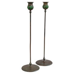 Antique Pair of Signed Tiffany Studios Bronze Candlesticks w/ Blown Holders, ca. 1905