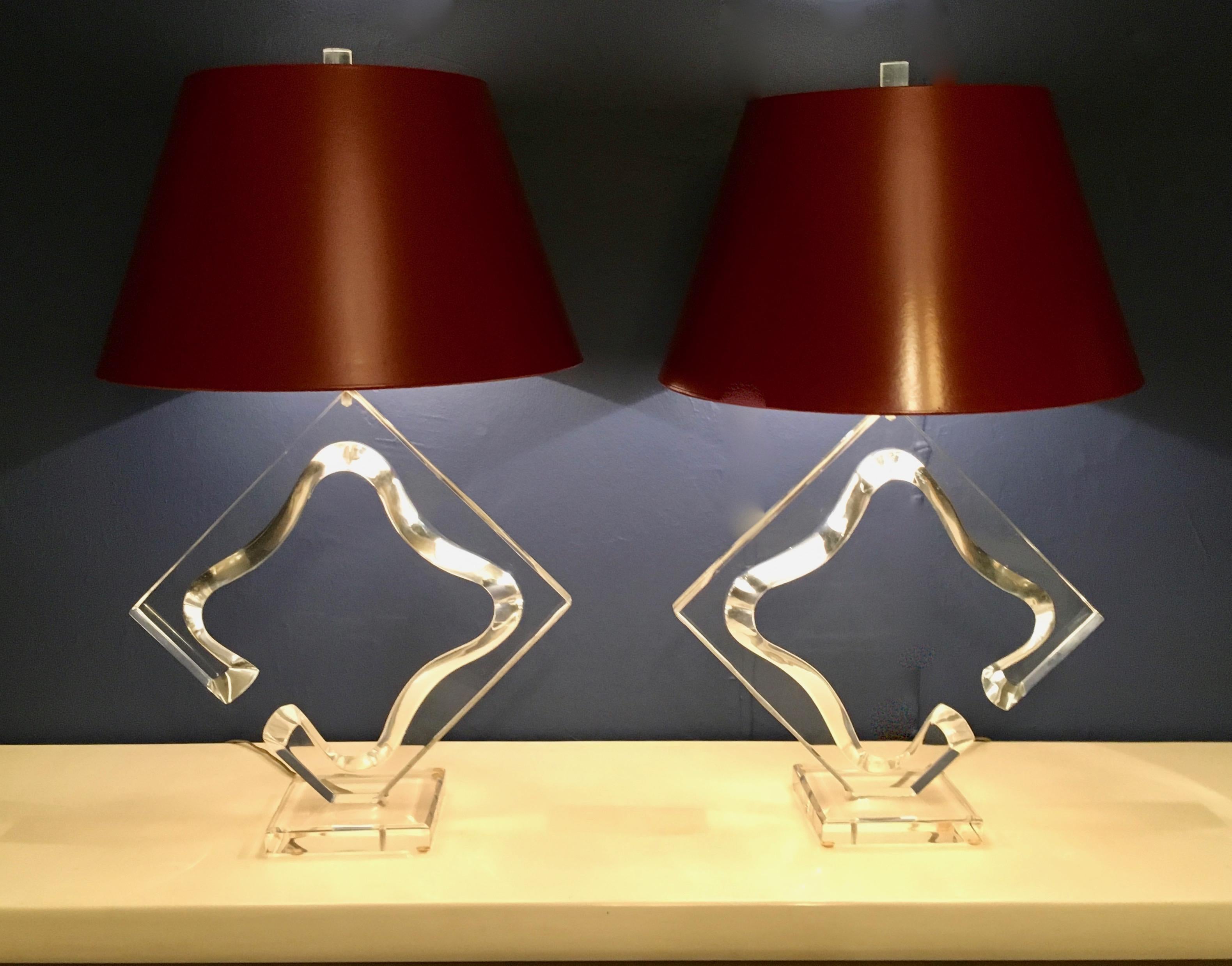 Pair Acrylic Lamps with Red Shades Signed Van Teal  3