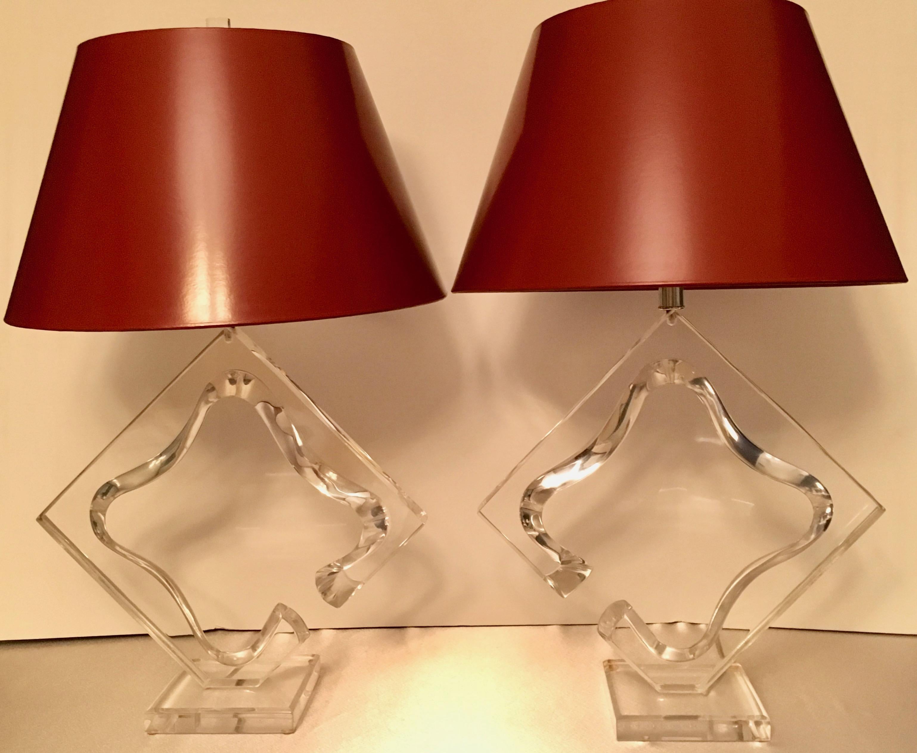 Pair Acrylic Lamps with Red Shades Signed Van Teal  2