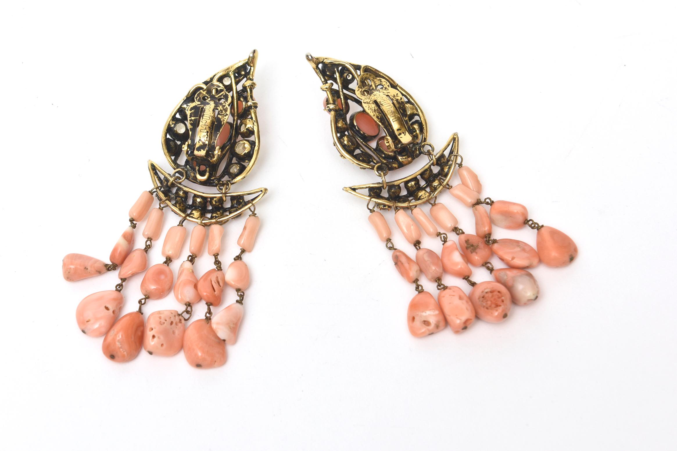 Egyptian Revival Iradj Moini Angel Coral, Citrine & Rhinestone Dangle Clip on Earrings Vintage For Sale