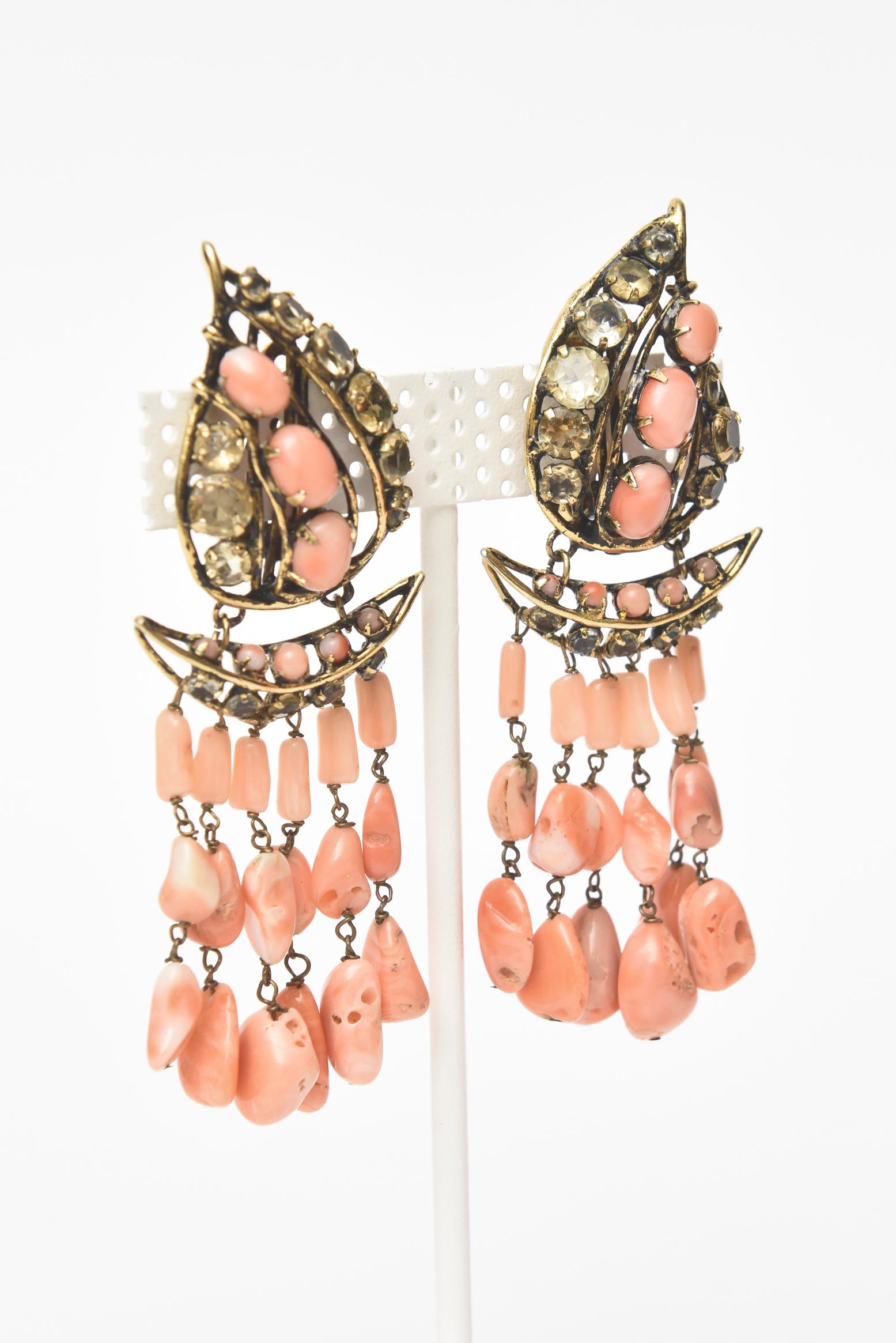 Vintage Iradj  Boucles d'oreilles Moini Angel Coral, Citrine & Rhinestone pendantes Bon état - En vente à North Miami, FL