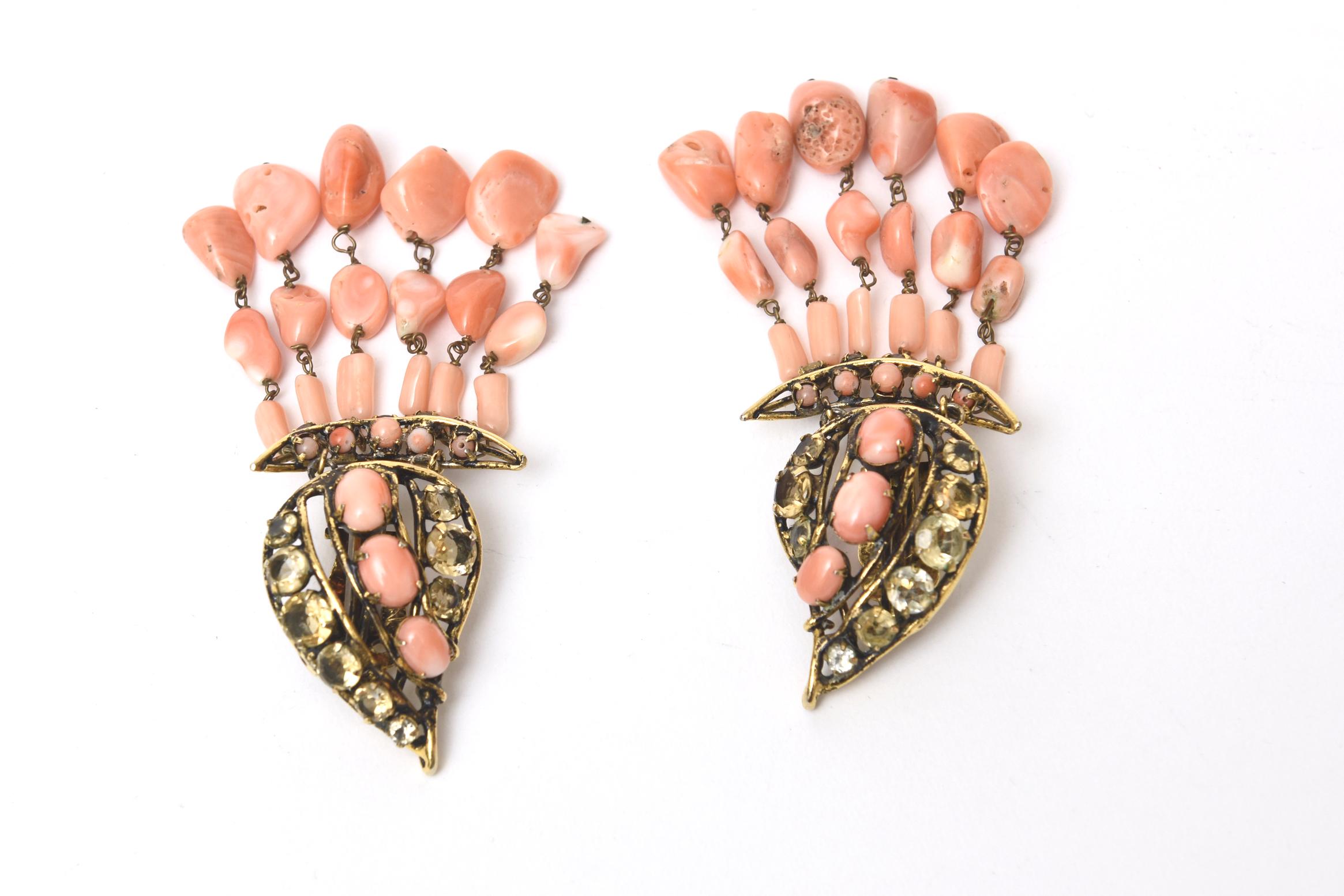 Women's Iradj Moini Angel Coral, Citrine & Rhinestone Dangle Clip on Earrings Vintage For Sale