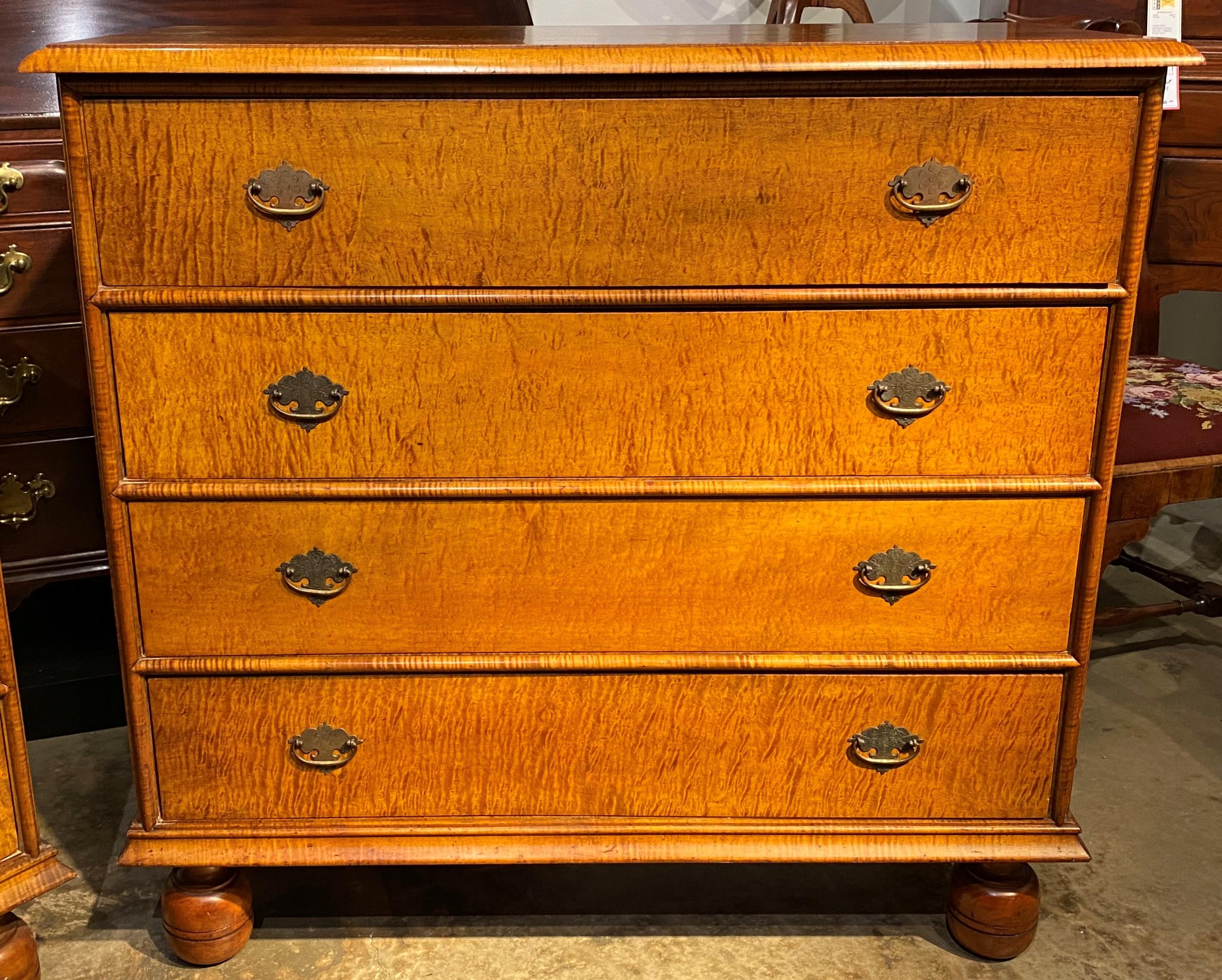Pair of Signed Wallace Nutting William & Mary Style Tiger Maple 4-Drawer Chests 2