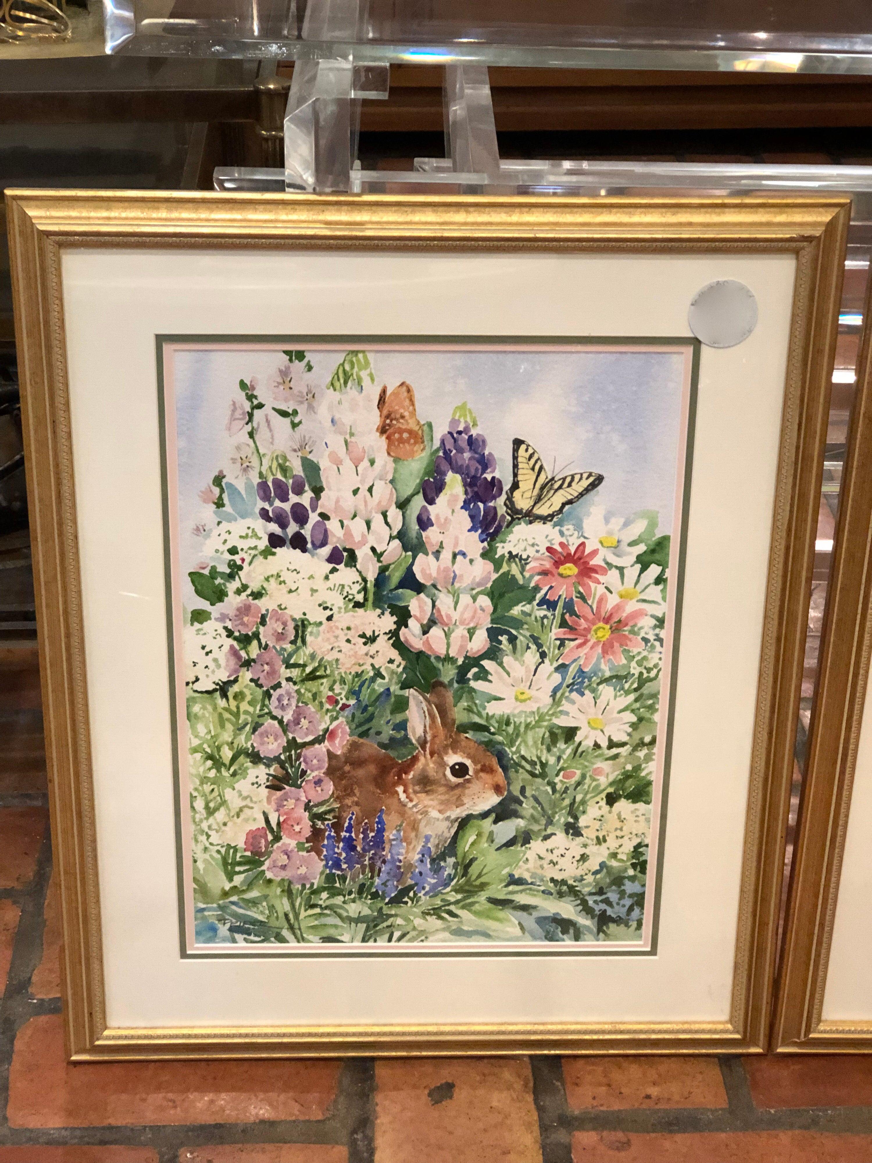 Pair of signed watercolors by Susan Peifer. Adorable pair of bunny watercolors. Nicely matted in gold leaf frames. Please confirm dimensions prior to purchase.