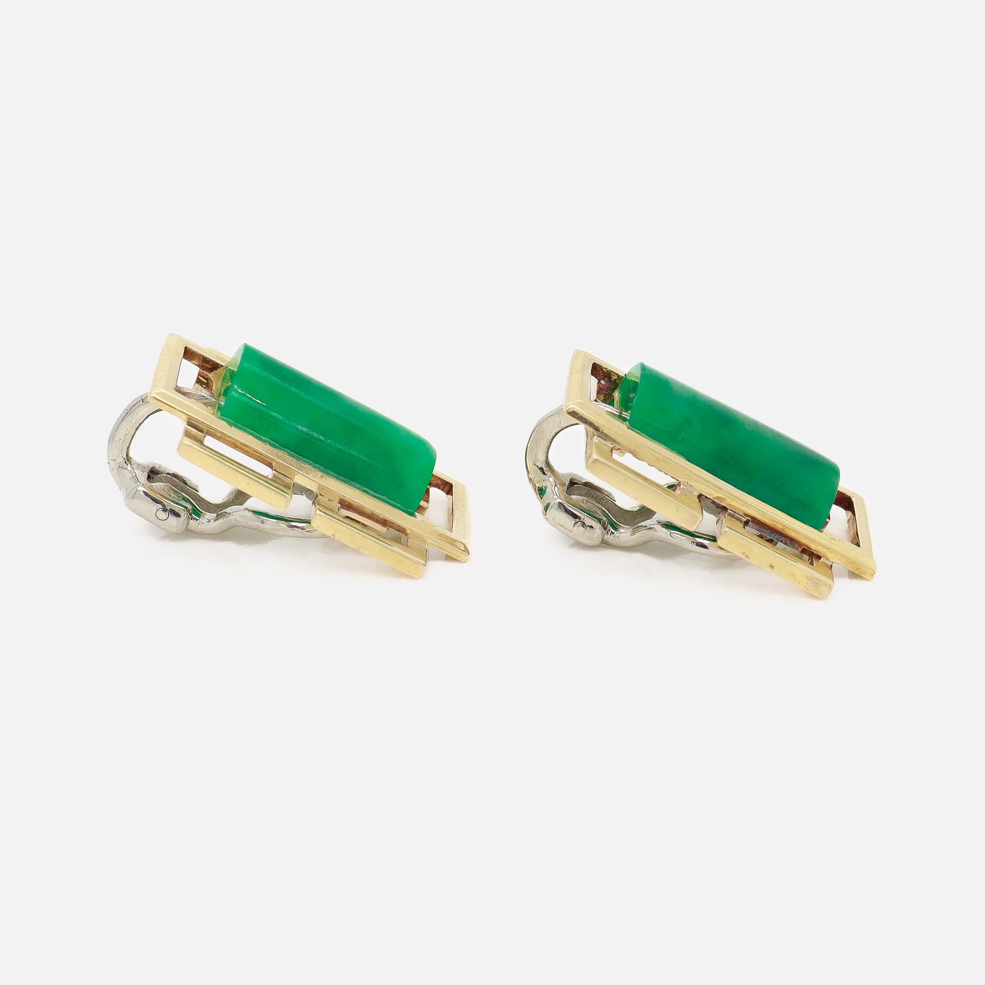 Pair of Signed Wedderien Mid-Century Modern 18K Gold & Jade Clip-On Earrings For Sale 7