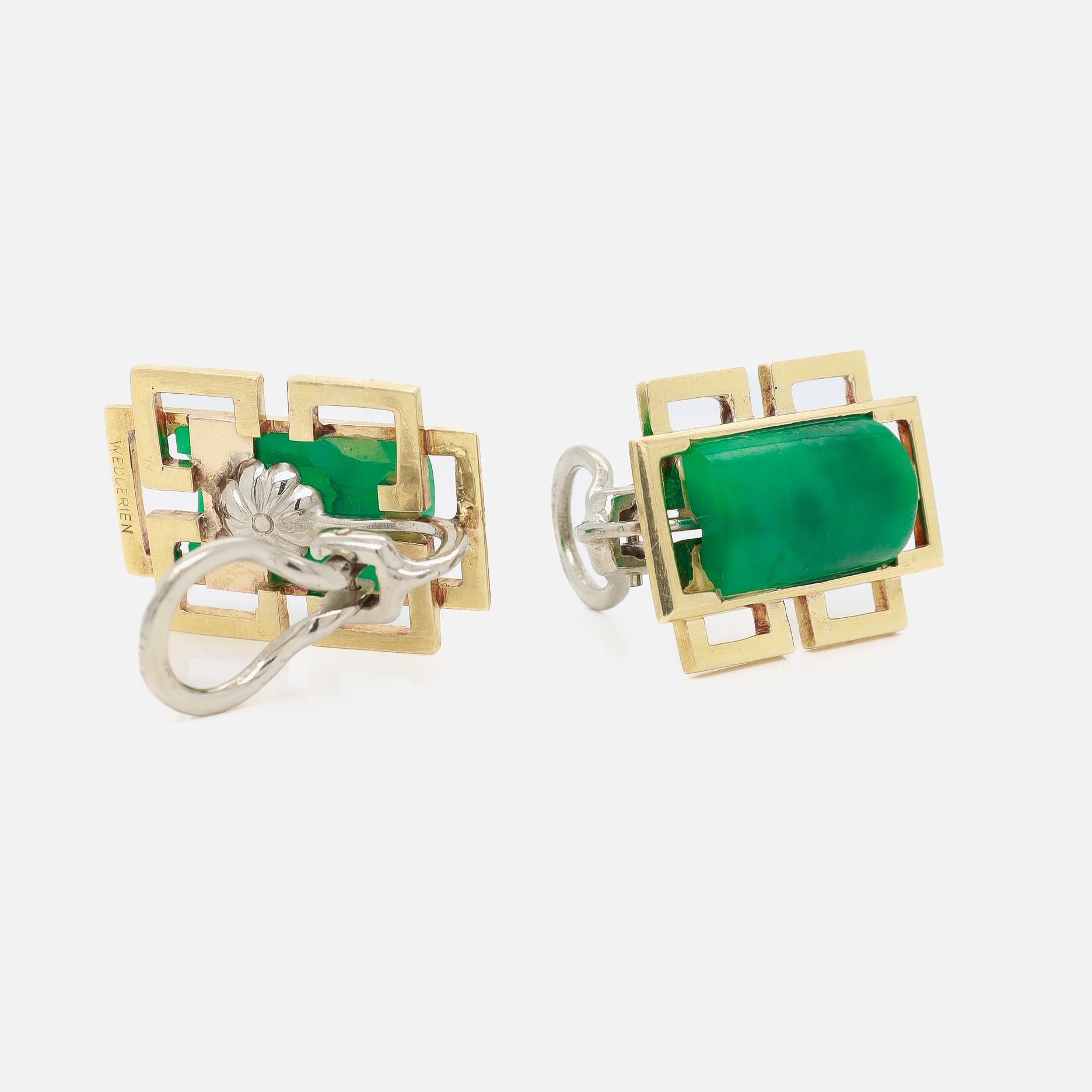 Pair of Signed Wedderien Mid-Century Modern 18K Gold & Jade Clip-On Earrings For Sale 8