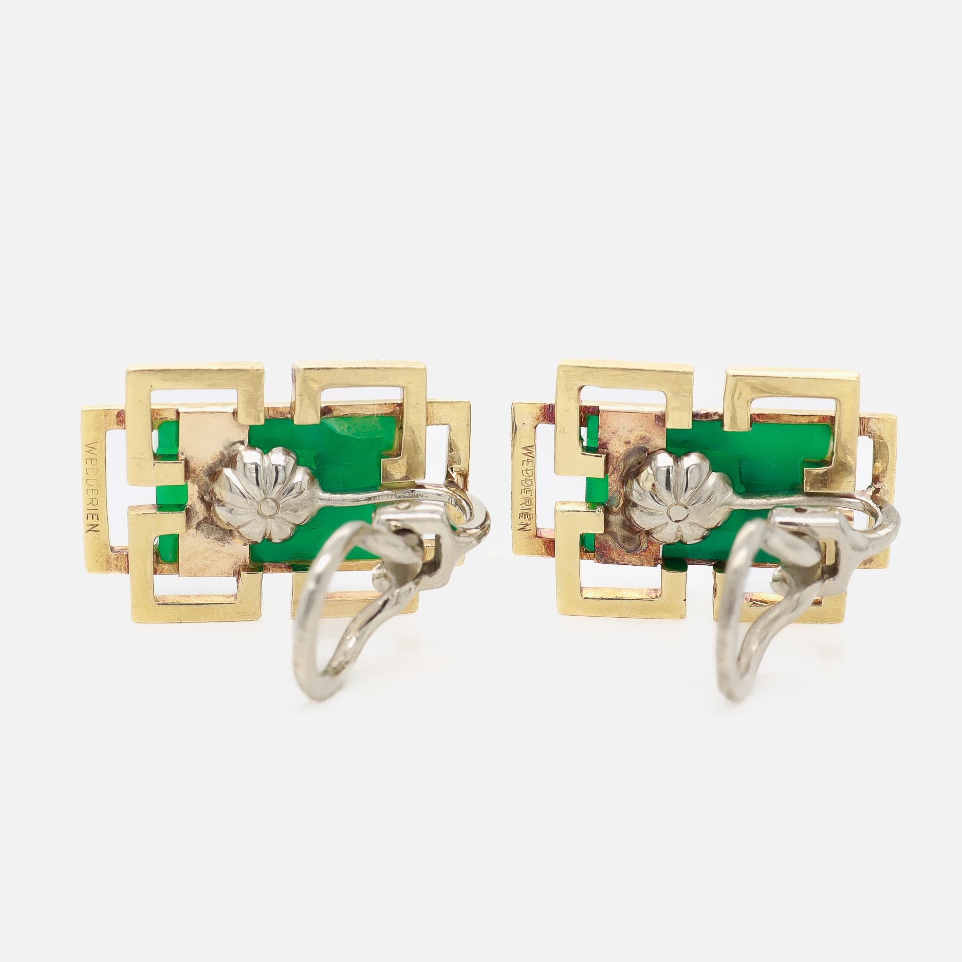 Pair of Signed Wedderien Mid-Century Modern 18K Gold & Jade Clip-On Earrings For Sale 9