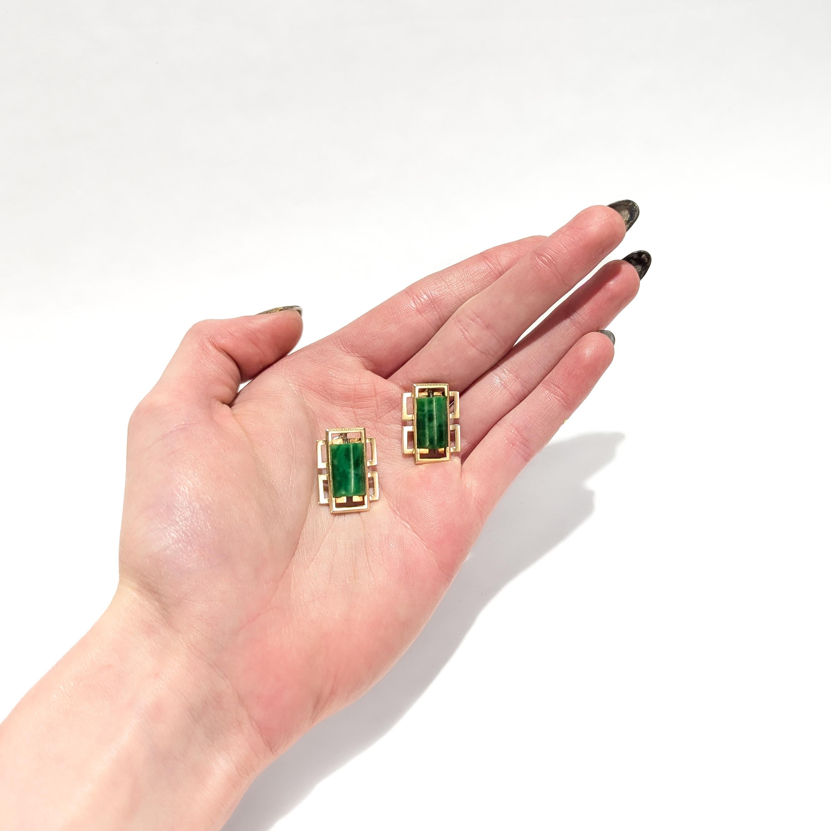 Cabochon Pair of Signed Wedderien Mid-Century Modern 18K Gold & Jade Clip-On Earrings For Sale