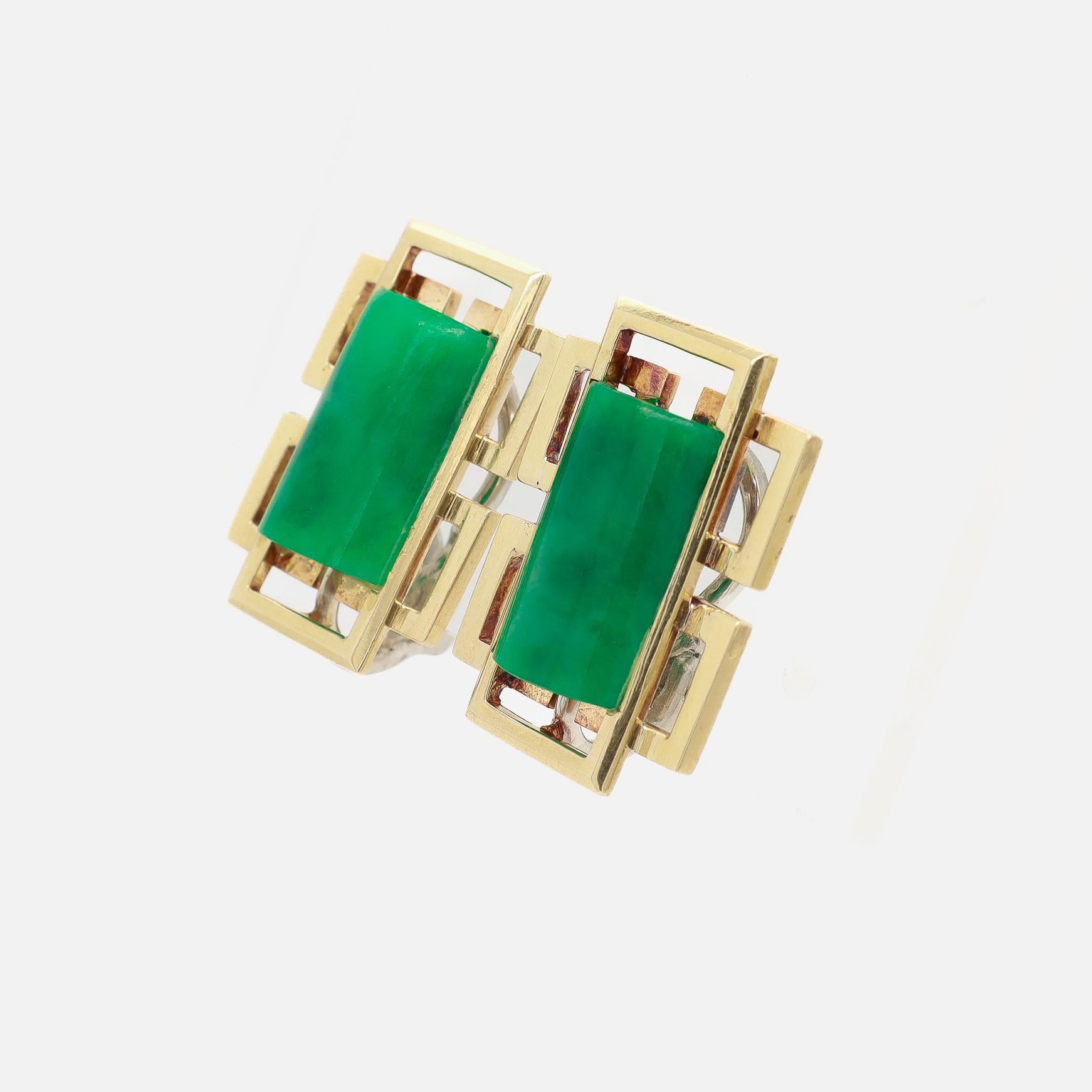 Women's Pair of Signed Wedderien Mid-Century Modern 18K Gold & Jade Clip-On Earrings For Sale