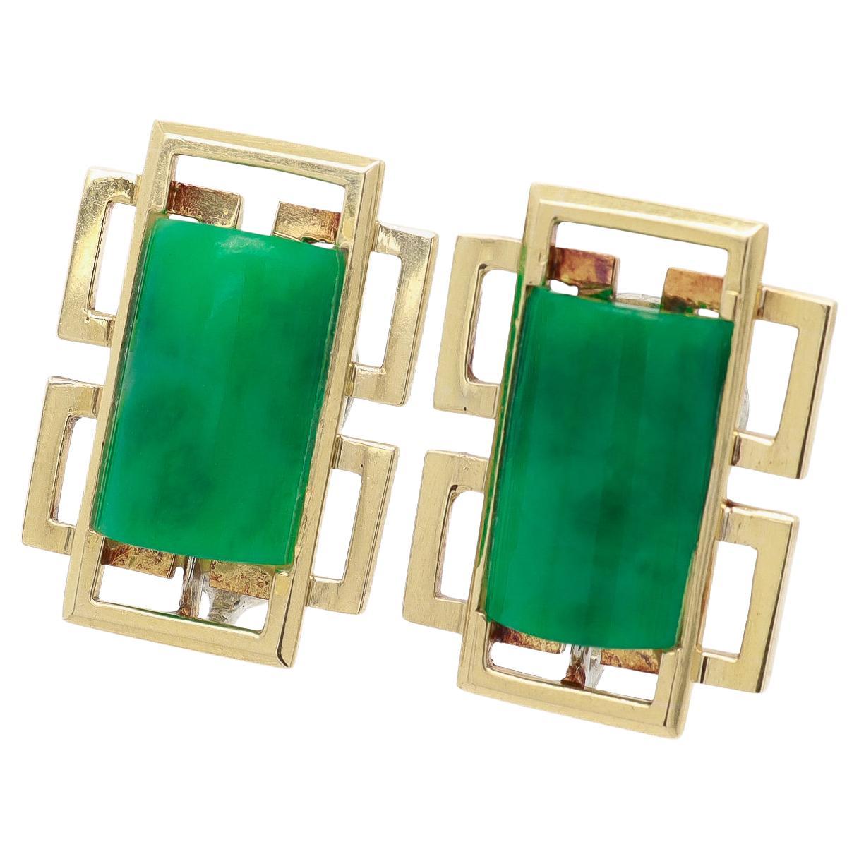 Pair of Signed Wedderien Mid-Century Modern 18K Gold & Jade Clip-On Earrings For Sale