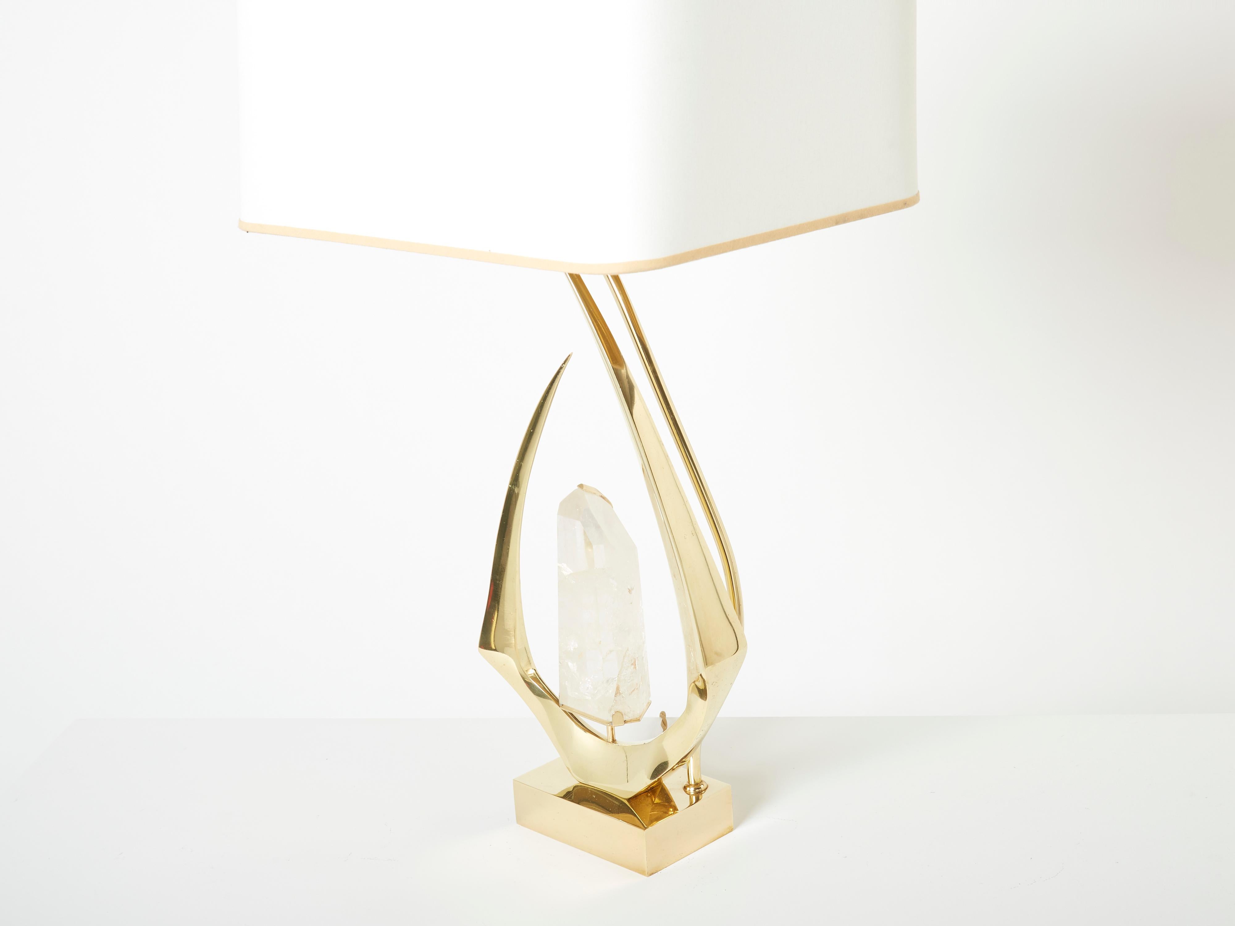 Pair of signed Willy Daro brass rock crystal table lamps 1970 In Good Condition For Sale In Paris, IDF