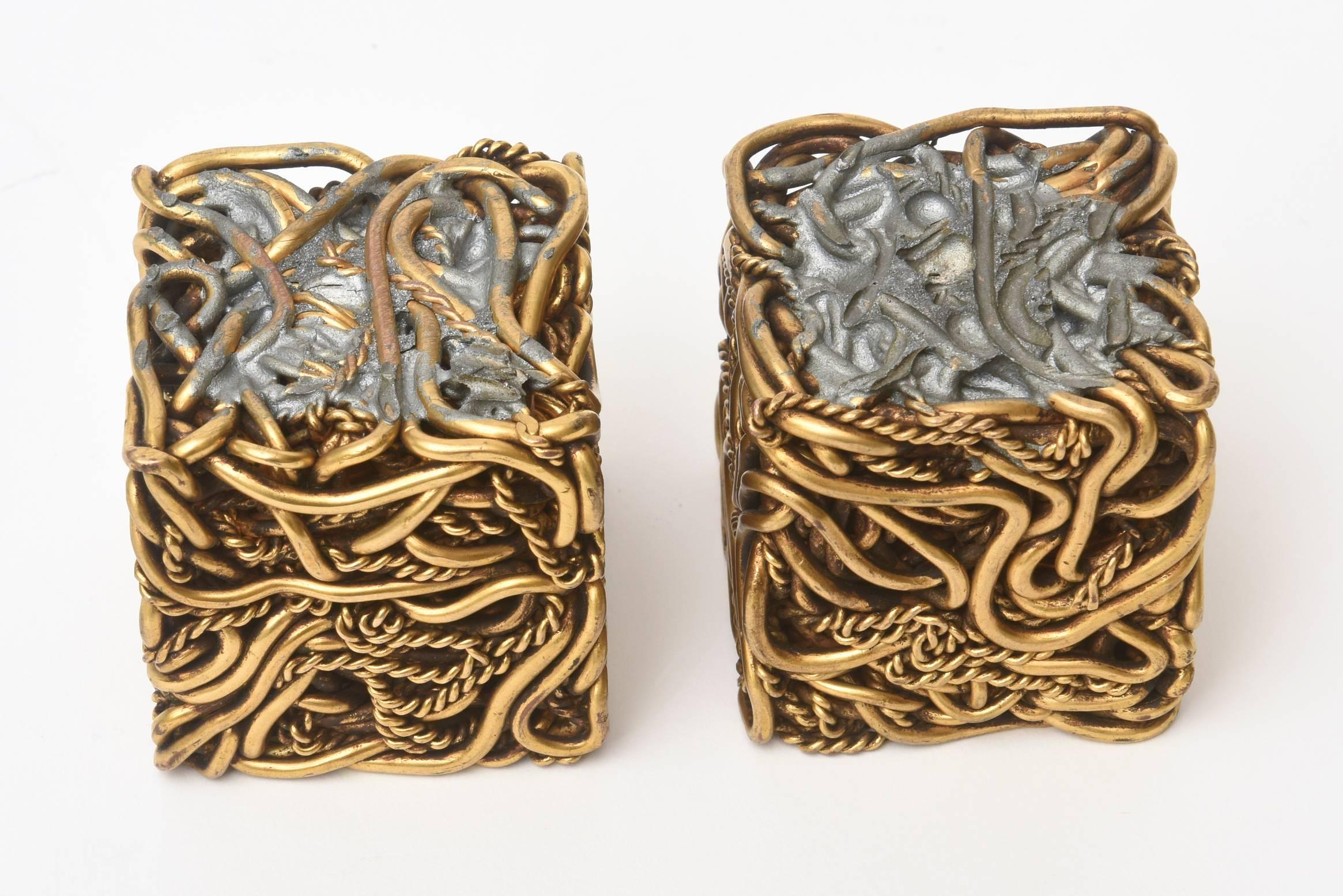  Yascal Signed Vintage French Bronze Twisted Square Cube Sculptures Pair For Sale 4