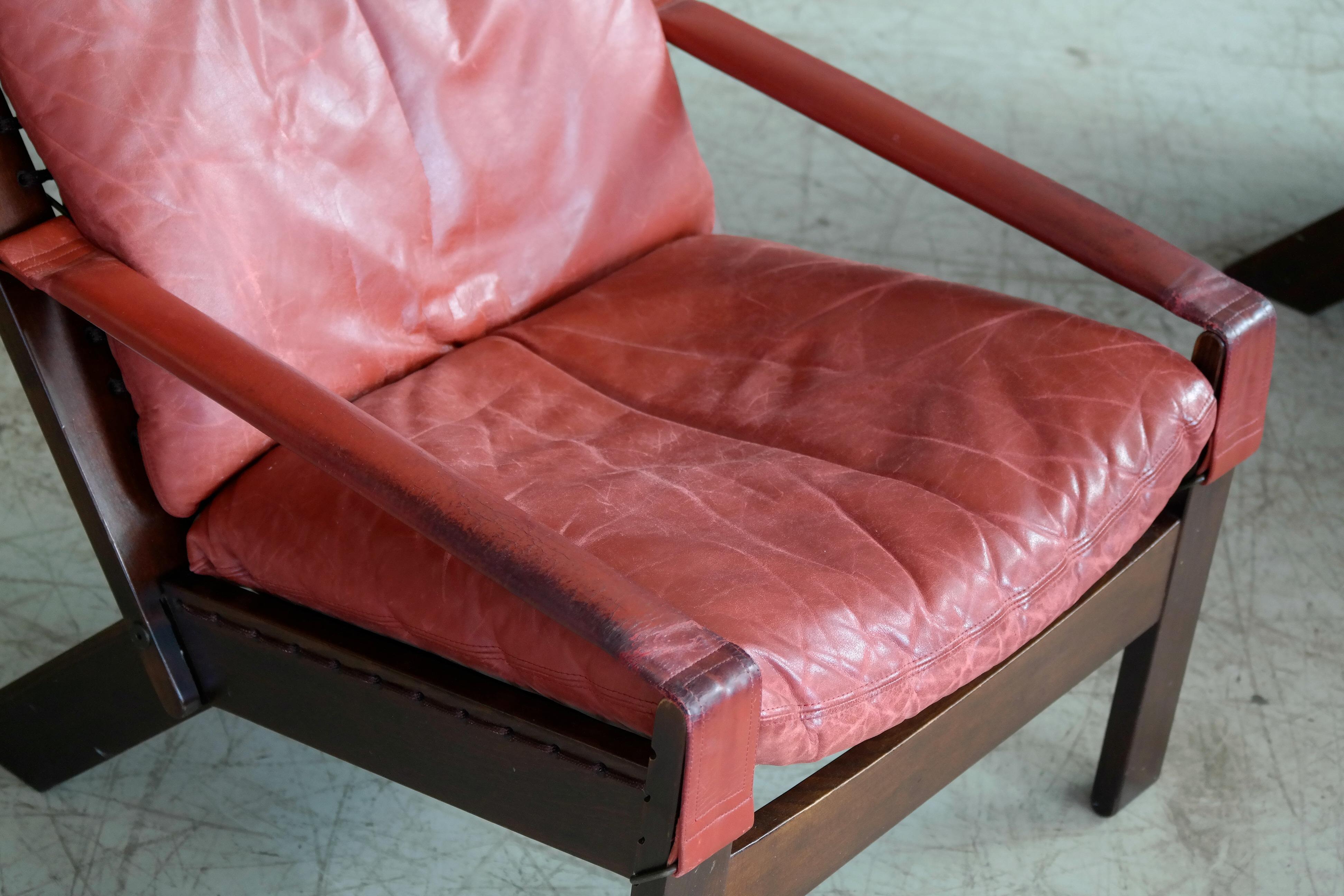 Norwegian Pair of Sigurd Ressell Midcentury Reclining Leather Lounge Chairs for Westnofa