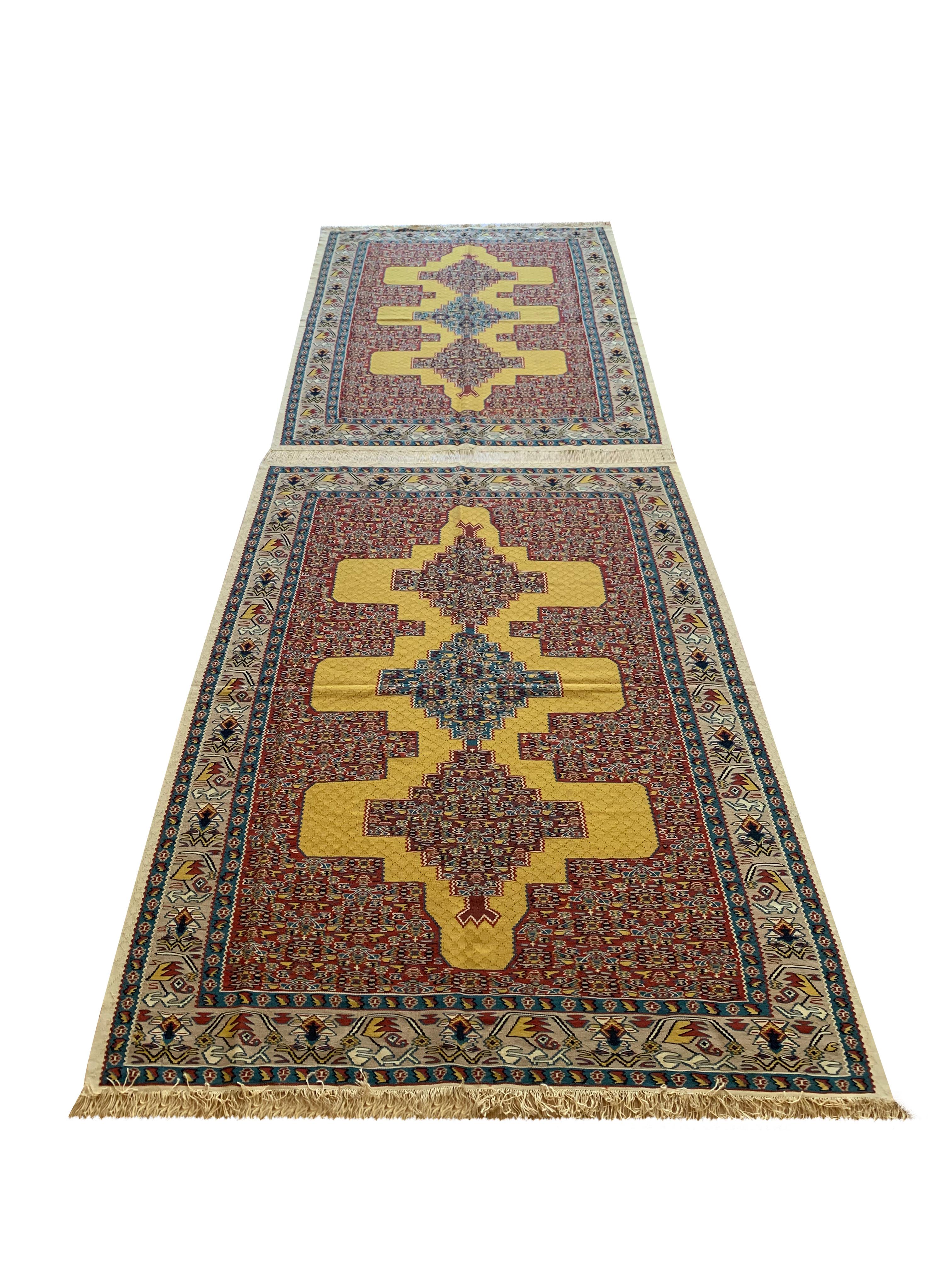 Pair of Silk and Wool Kilims Yellow Red Handmade Oriental Area Rugs For Sale 8