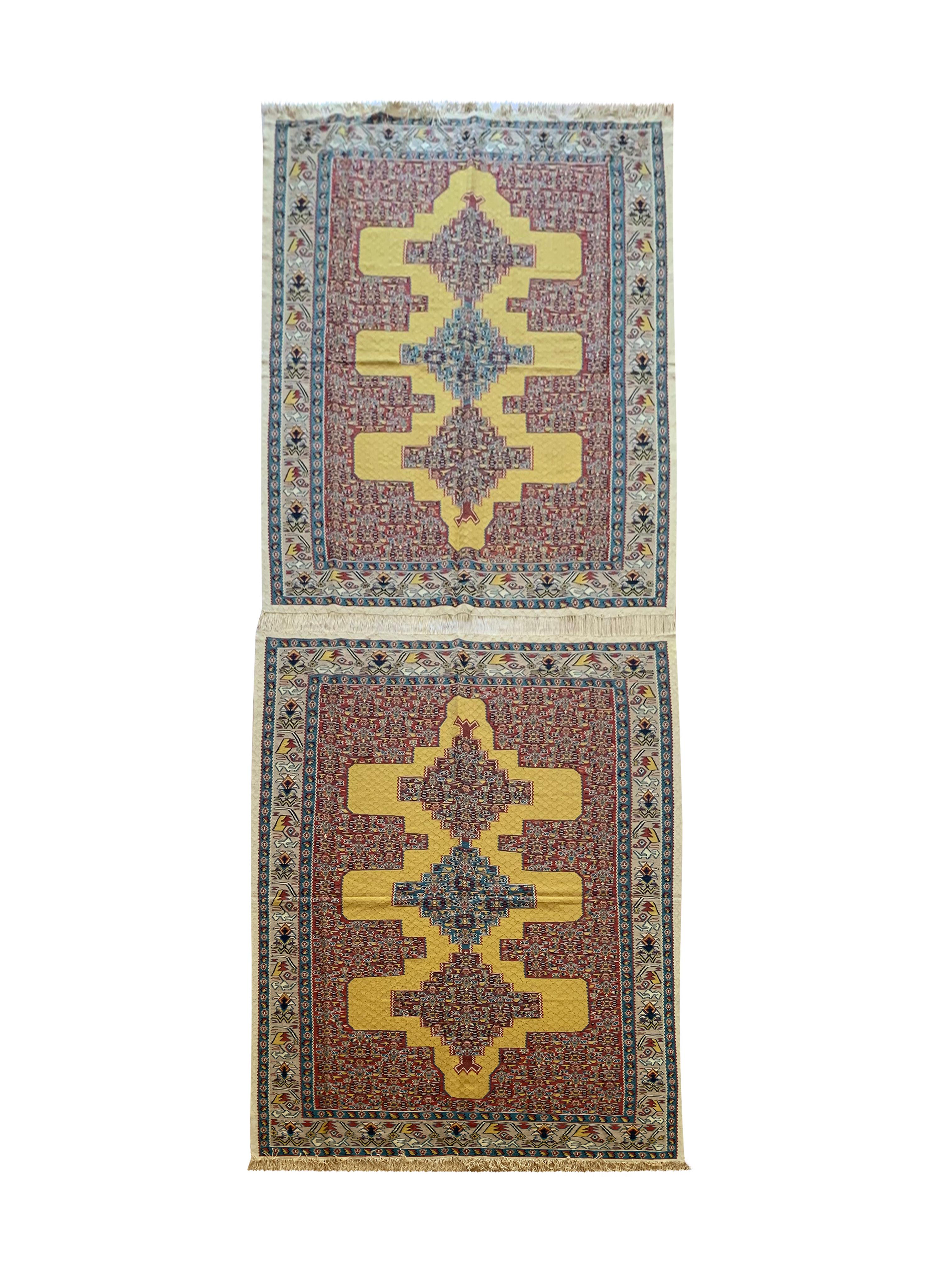 Pair of Silk and Wool Kilims Yellow Red Handmade Oriental Area Rugs For Sale 9