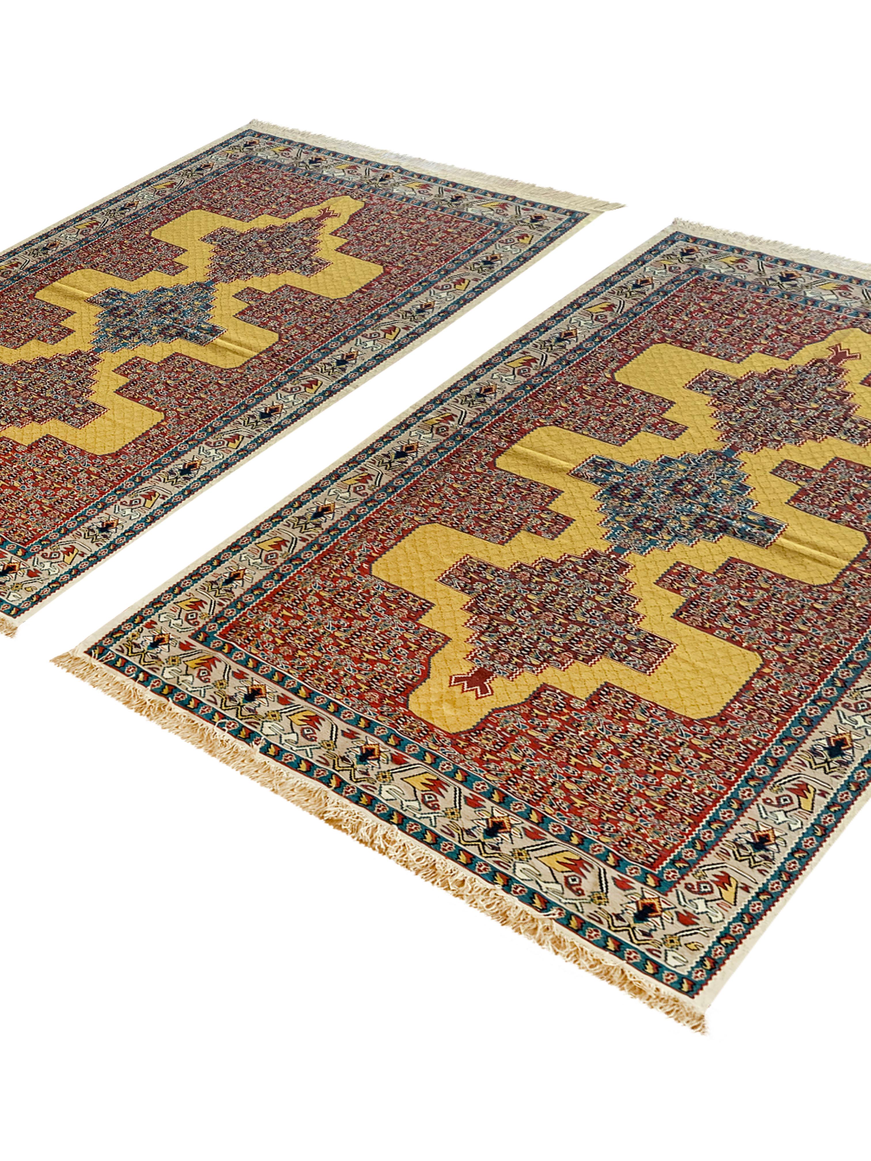 Pair of Silk and Wool Kilims Yellow Red Handmade Oriental Area Rugs For Sale 12