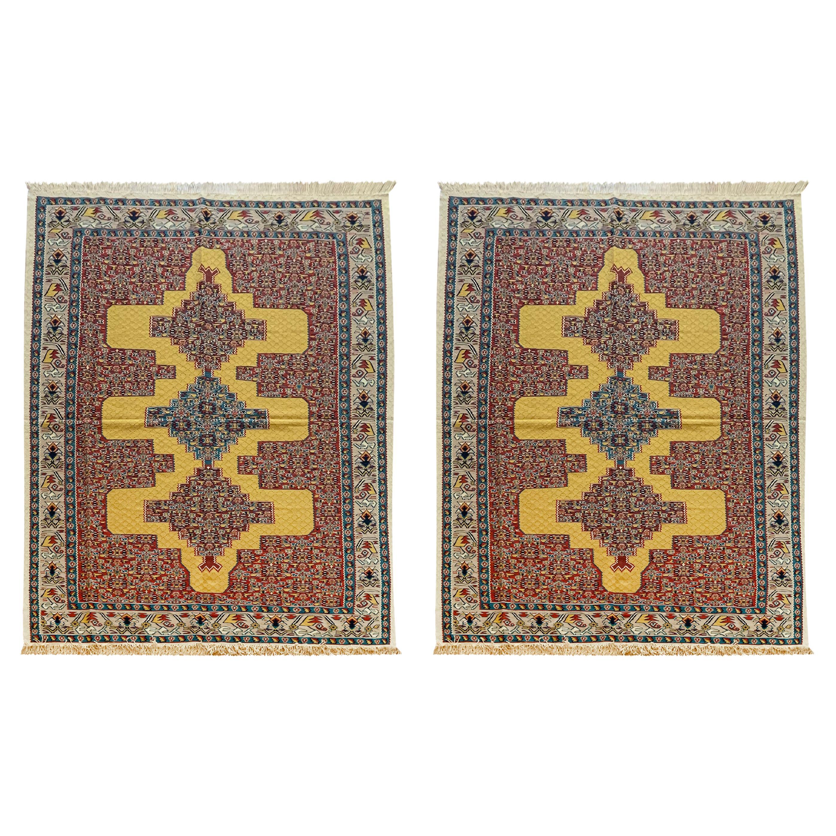 Pair of Silk and Wool Kilims Yellow Red Handmade Oriental Area Rugs
