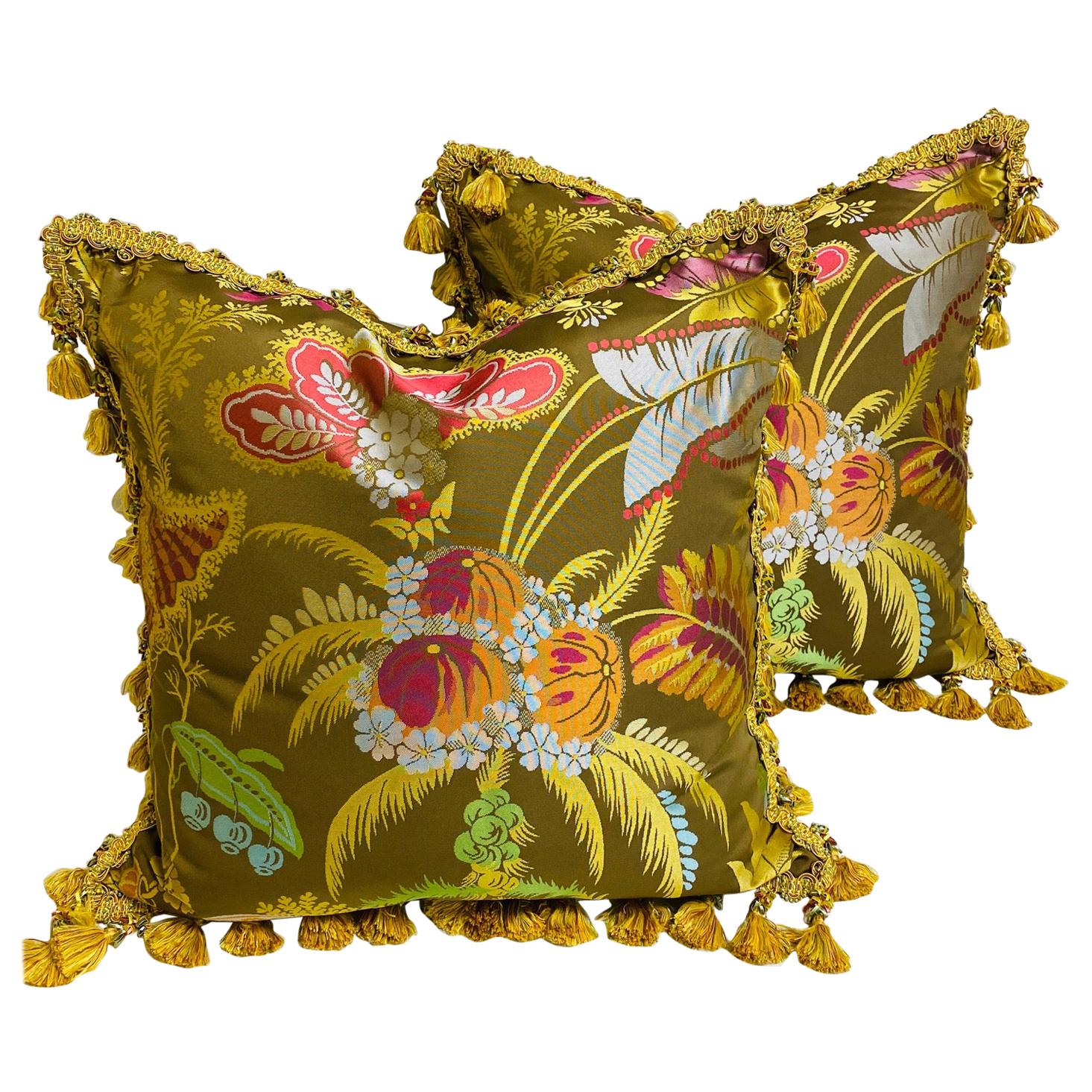 Pair of Silk Brocade Cushions with Silk Tassel Fringe