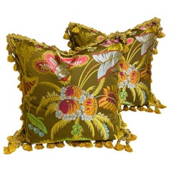 Pair of Silk Brocade Cushions with Silk Tassel Fringe