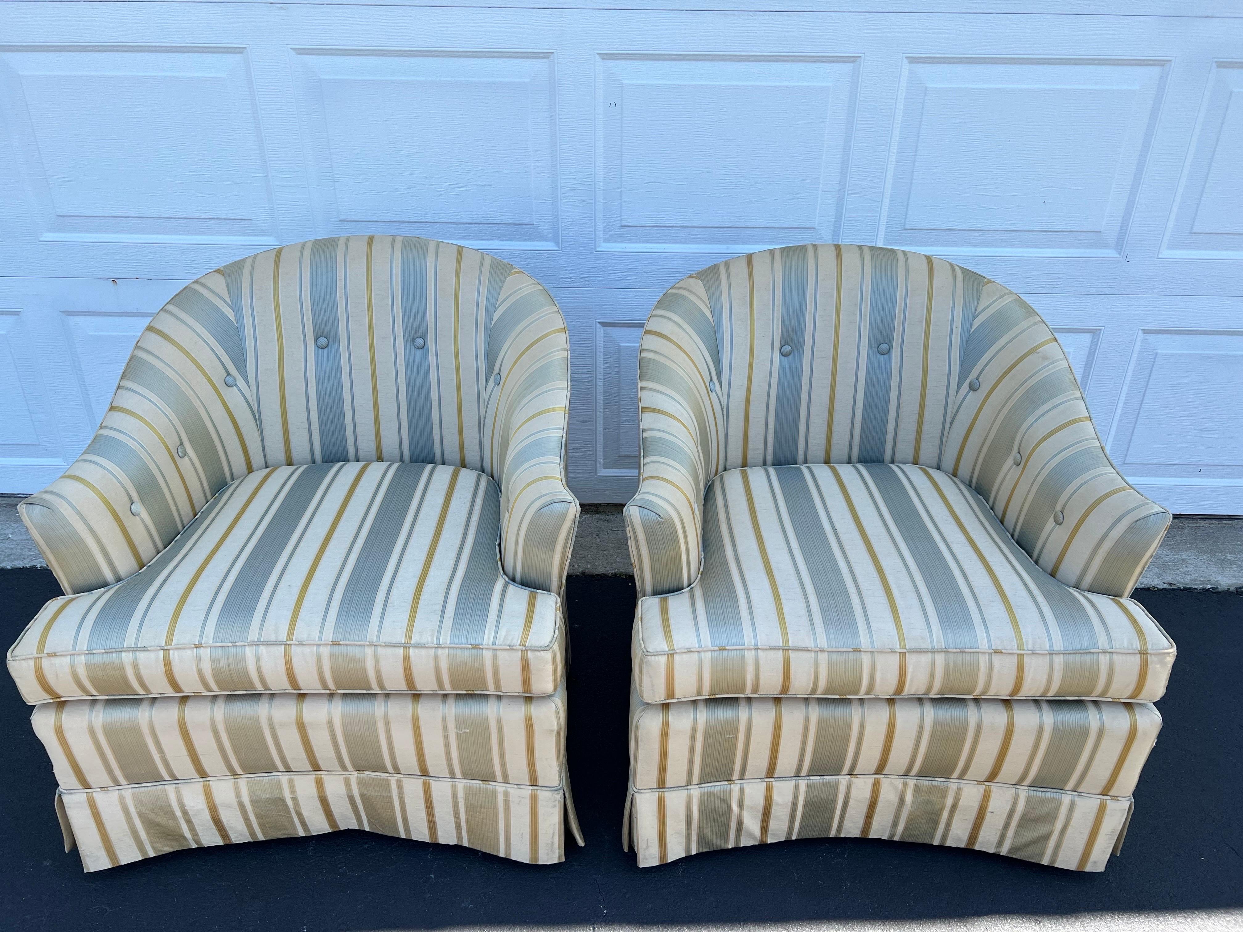 Pair of Silk Club Chairs by Drexel Heritage In Fair Condition In Redding, CT