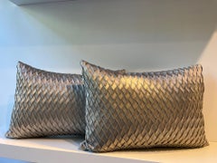 Pair of Silk Cushions Color White Gold Pleated Fish Scale Pattern
