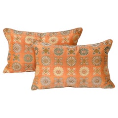 Pair of Silk & Down Stuffed Pillows in Orange & Emerald Green Eastern Patterning