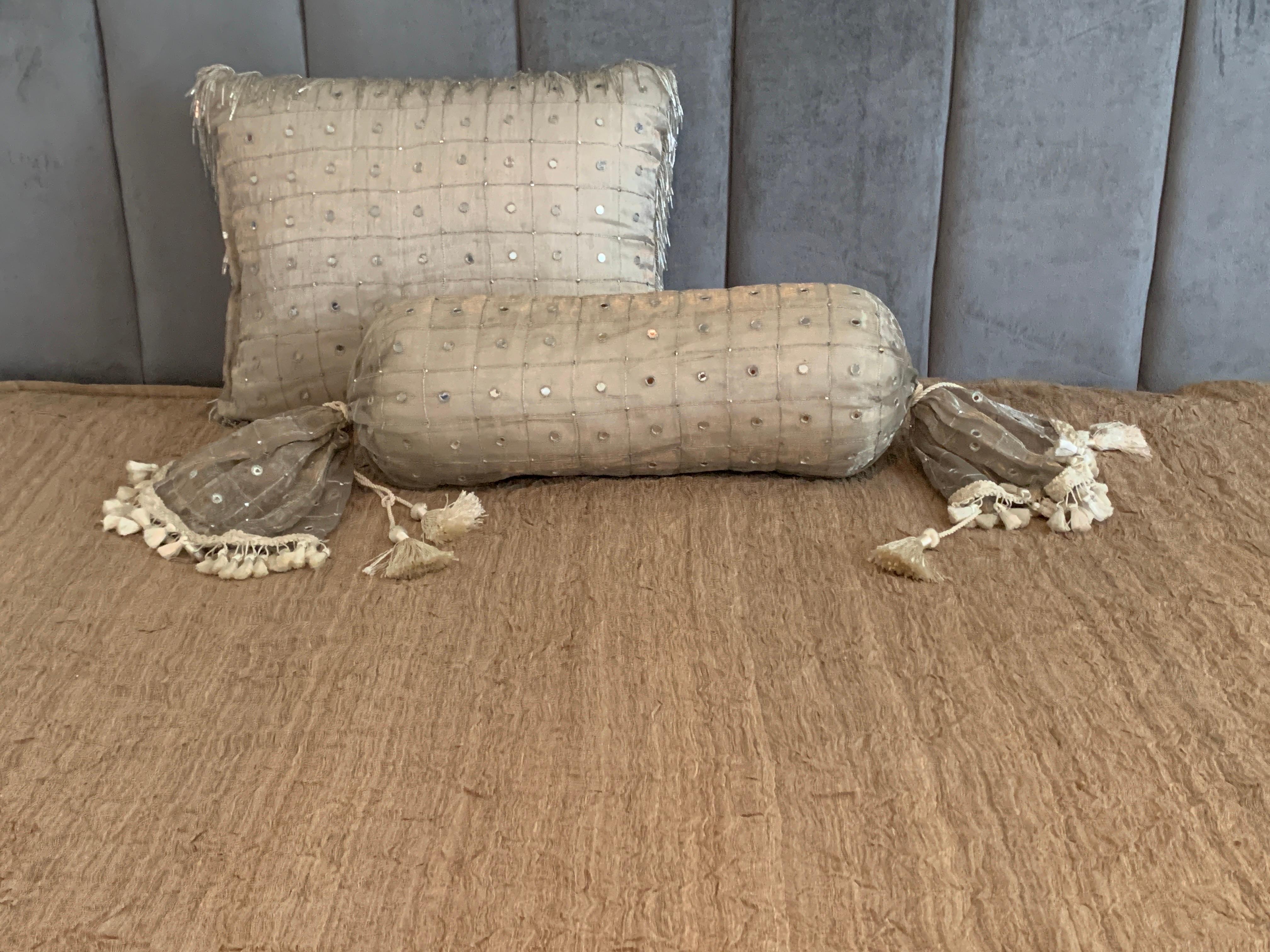These amazing set of 2 decorative pillows are part of a luxe bedroom ensemble that cost over $8500. We broke down the ensemble and selling buy individual single pieces, or pairs when appropriate. The set was made by hand, piece by piece by a company